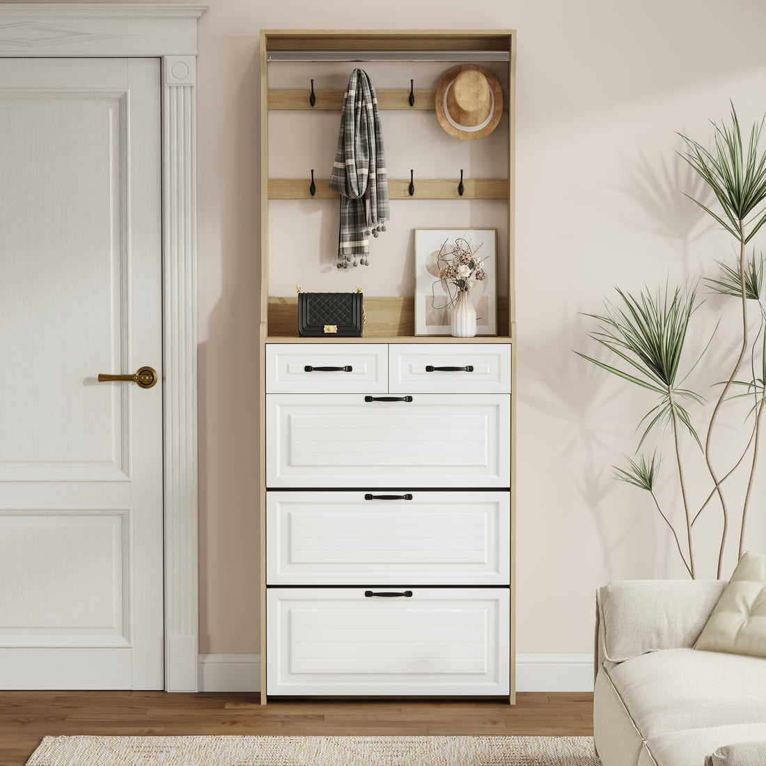 Oak Color Shoe Cabinet With 3 Doors 2 Drawers With Hanger,Pvc Door With Shape ,Large Space For Storage Freestanding 3 4 Spaces White Primary Living Space American Design,American