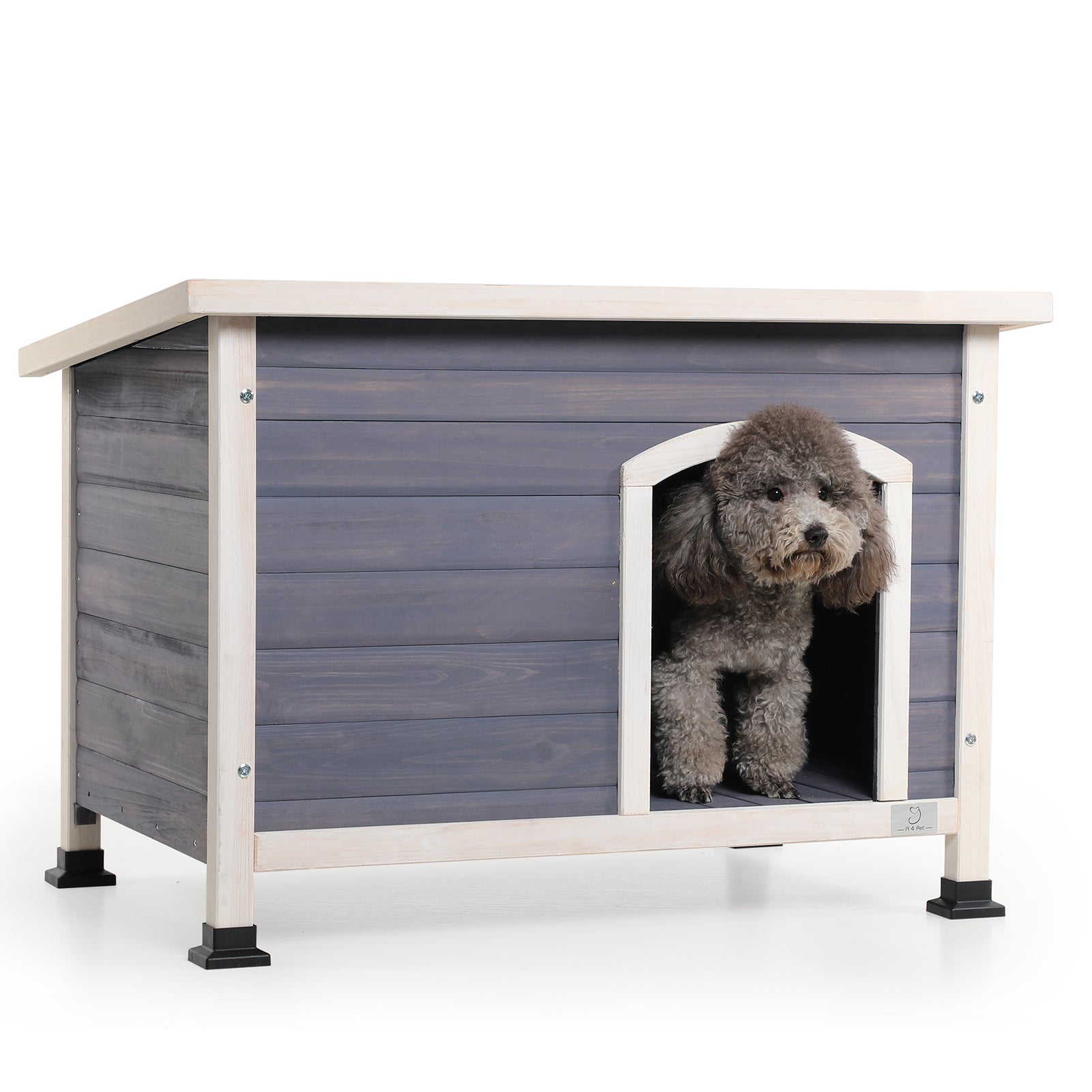 Small Wooden Outdoor Dog House, Waterproof Roof, Elevated Floor, Grey Grey Solid Wood