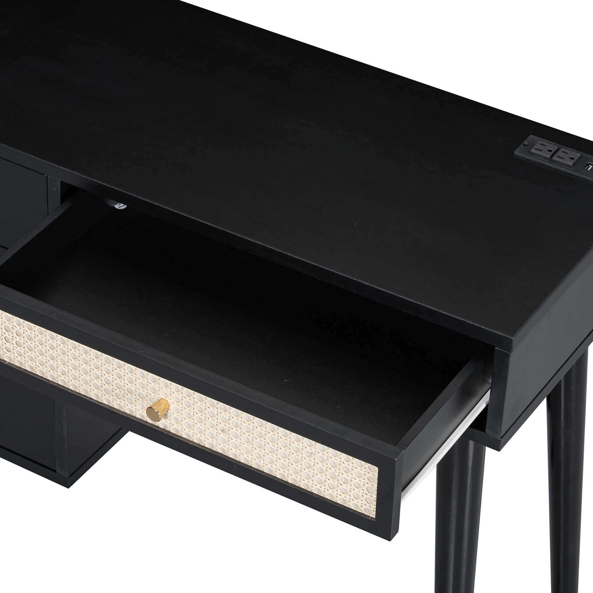 39" Retro Bohemian Style Wooden Makeup Vanity Set With Charging Plug&Usb Port And Stool, Dressing Table With 3 Storage Drawers And 1 Rectangular Rattan Drawer, Black Black 4 Drawers Wood