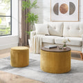 2 Piece Set Round Chenille Storage Ottoman, Equipped With A Drum Shaped Small Stool, Storage Space, And Mdf Made Desktop Panel Dark Yellow 23.62