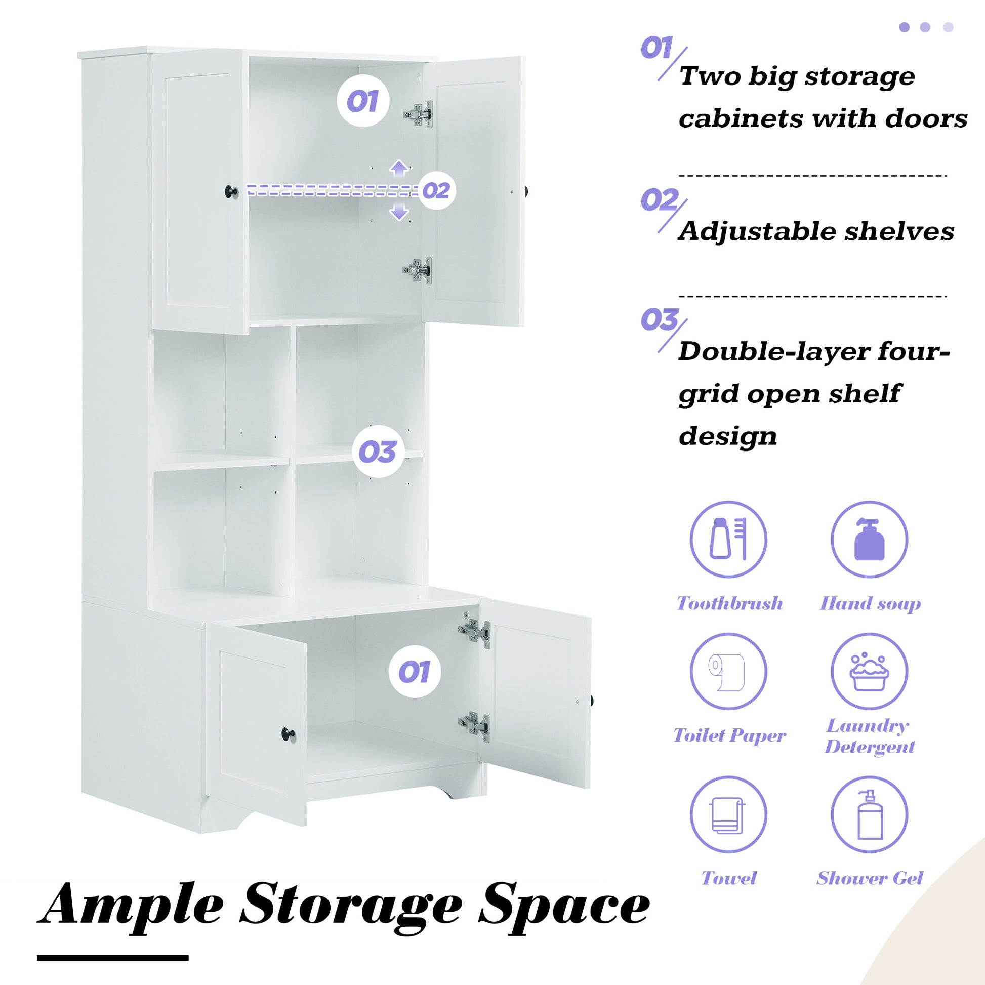 Tall And Wide Bathroom Floor Storage Cabinet, Bathroom Storage Unit, Freestanding Cabinet With 4 Doors, Adjustable Shelves, Open Multi Layer Shelves, White White Mdf