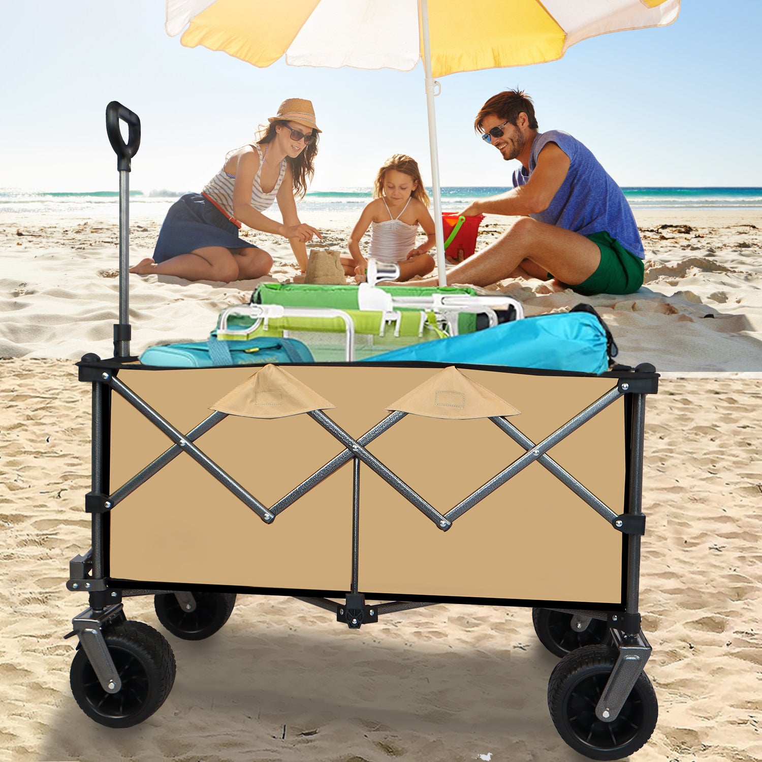 Collapsible Folding Wagon, Push Pull Foldable Beach Wagon Cart Grayish Brown Steel