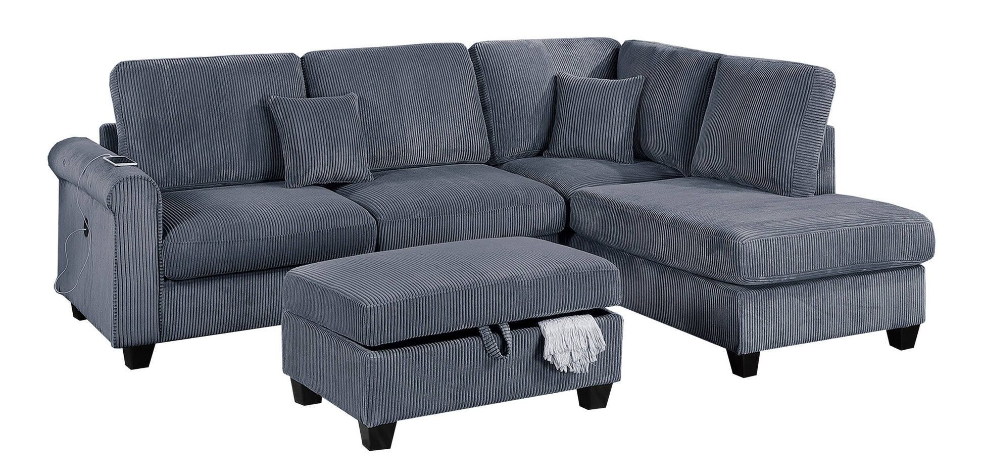 Contemporary Dark Gray 3Pc Sectional Set Corduroy Upholstered Laf Sofa Raf Chaise Ottoman L Sectional Living Room Furniture Dark Gray Primary Living Space Cushion Back Contemporary,Modern L Shaped Rubberwood Corduroy 6 Seat