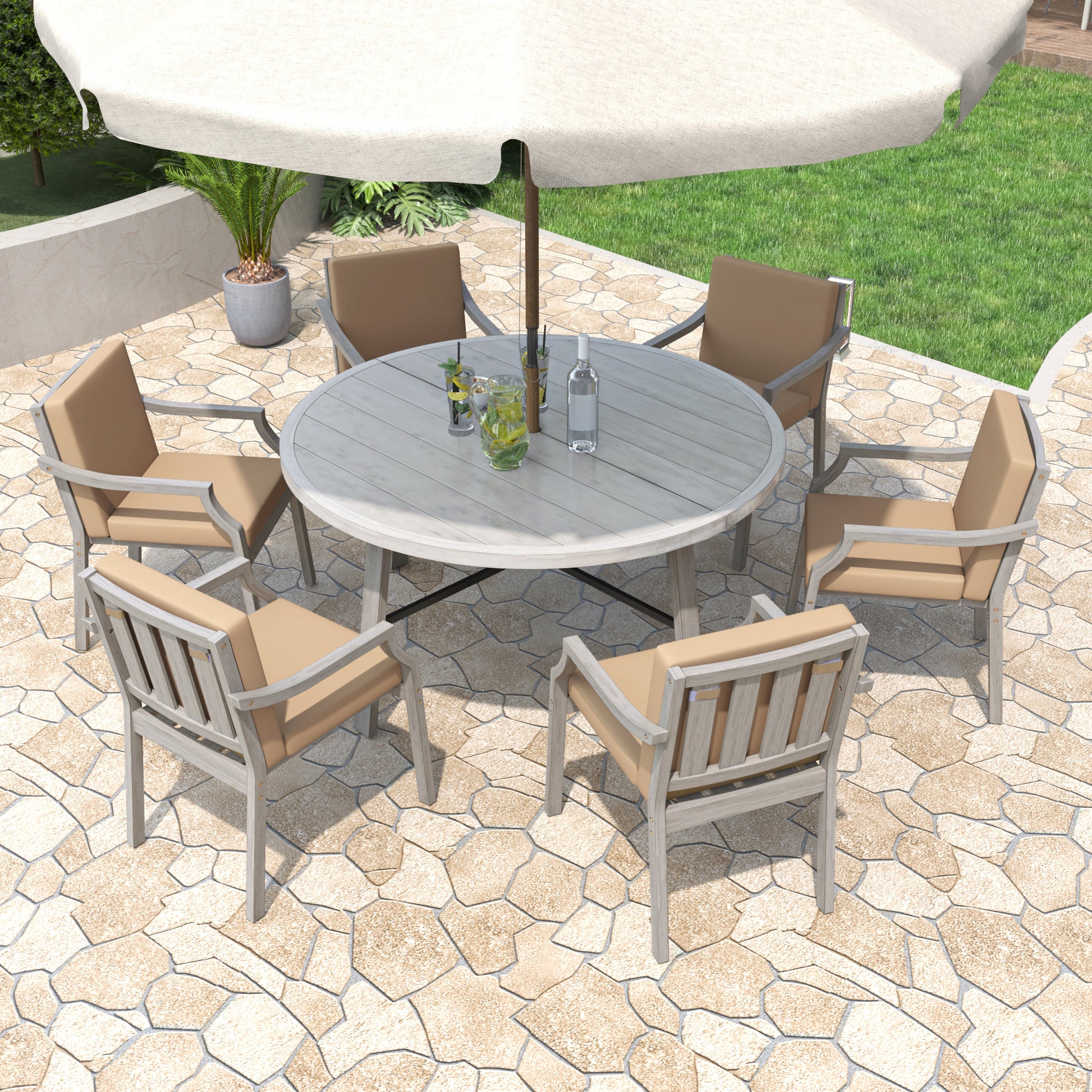 Outdoor Dinning Set 6 Person Outdoor Wooden Dinning yes-grey-weather resistant frame-water resistant