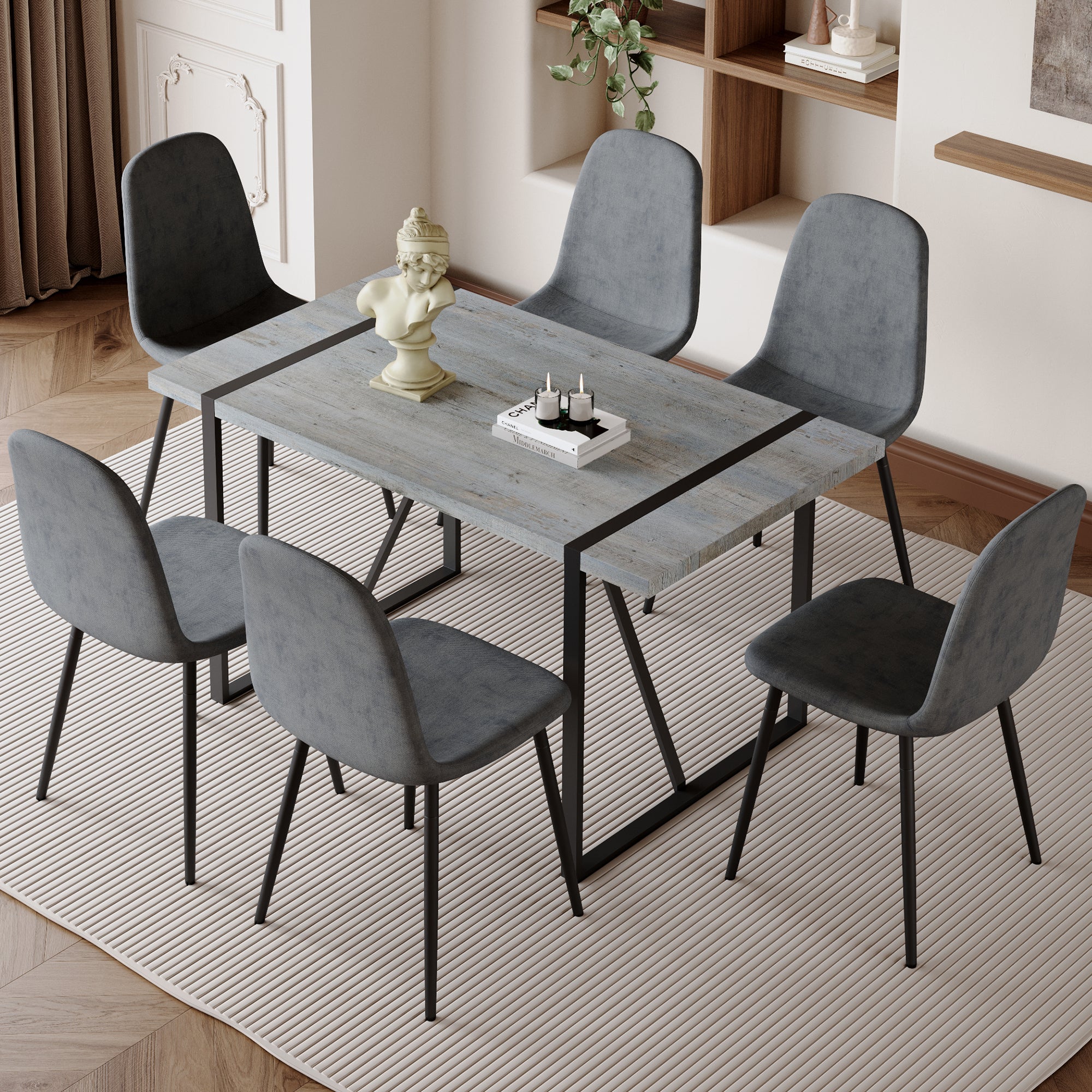 Table And Chair Set. A Minimalist Retro Rectangular Dining Table With A Specially Textured Top And Black Metal Legs, Paired With 6 Soft Chairs And Black Metal Legs, Showcases A Beautiful Home Style.