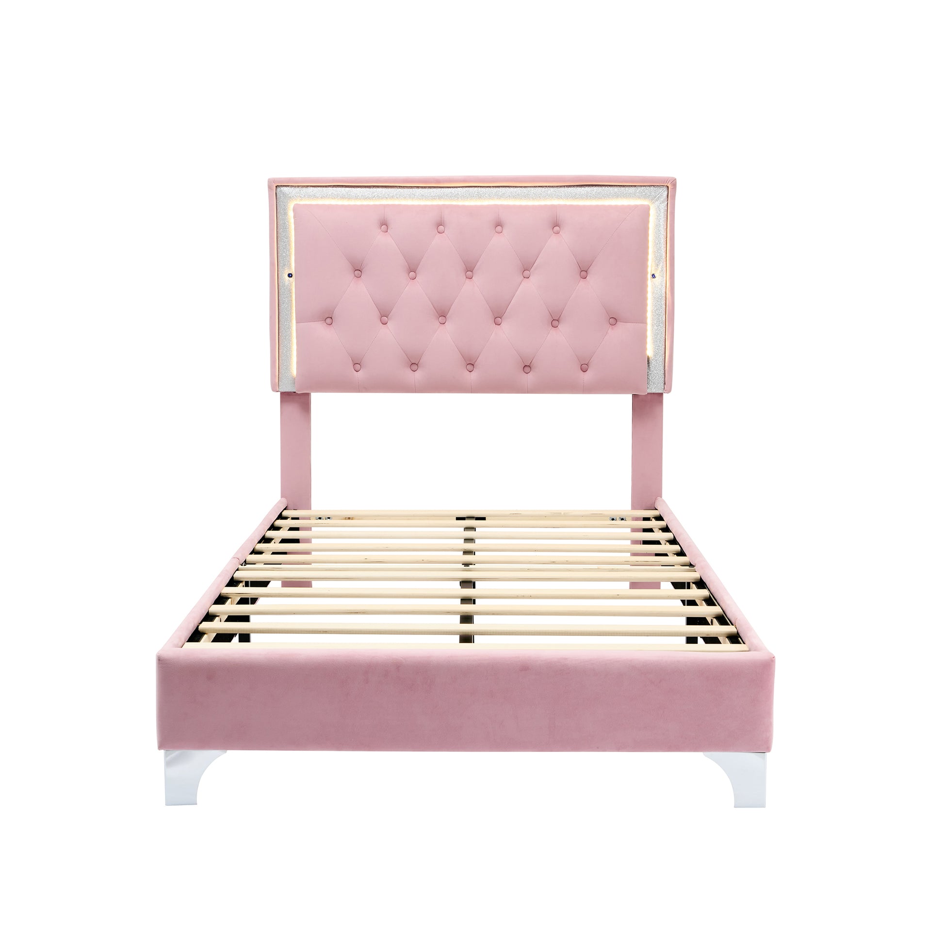 Twin Size Upholstered Bed Frame With Led Lights,Modern Velvet Platform Bed With Tufted Headboard,Pink Twin Pink Velvet