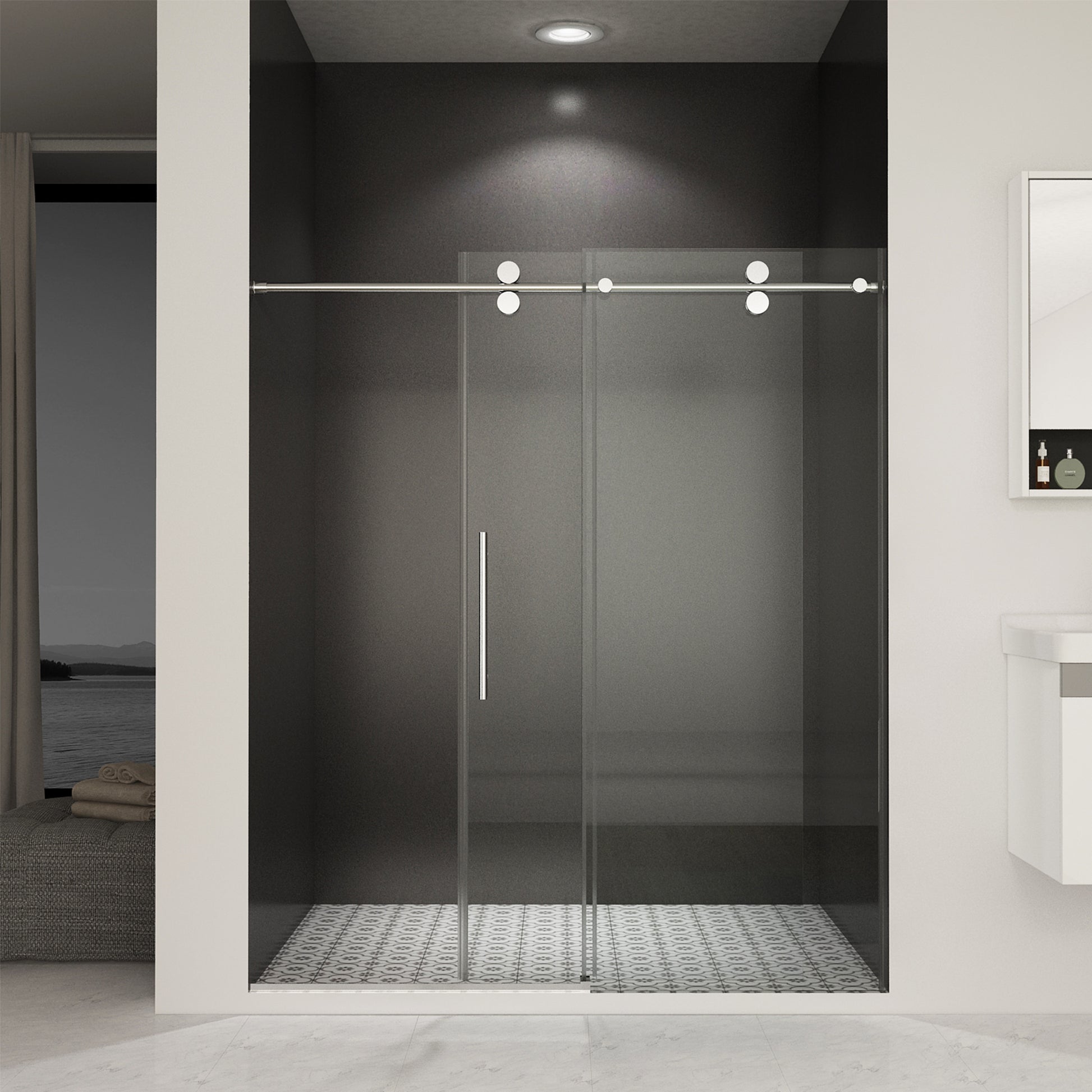 56" 60"W X 76"H Frameless , Sliding , With Premium 3 8" 10Mm Thick Tempered Glass Shower Enclosure ,Double Side Easy Clean Coat,Chrom Finished With Buffer Chrome Bathroom American Design Stainless Steel