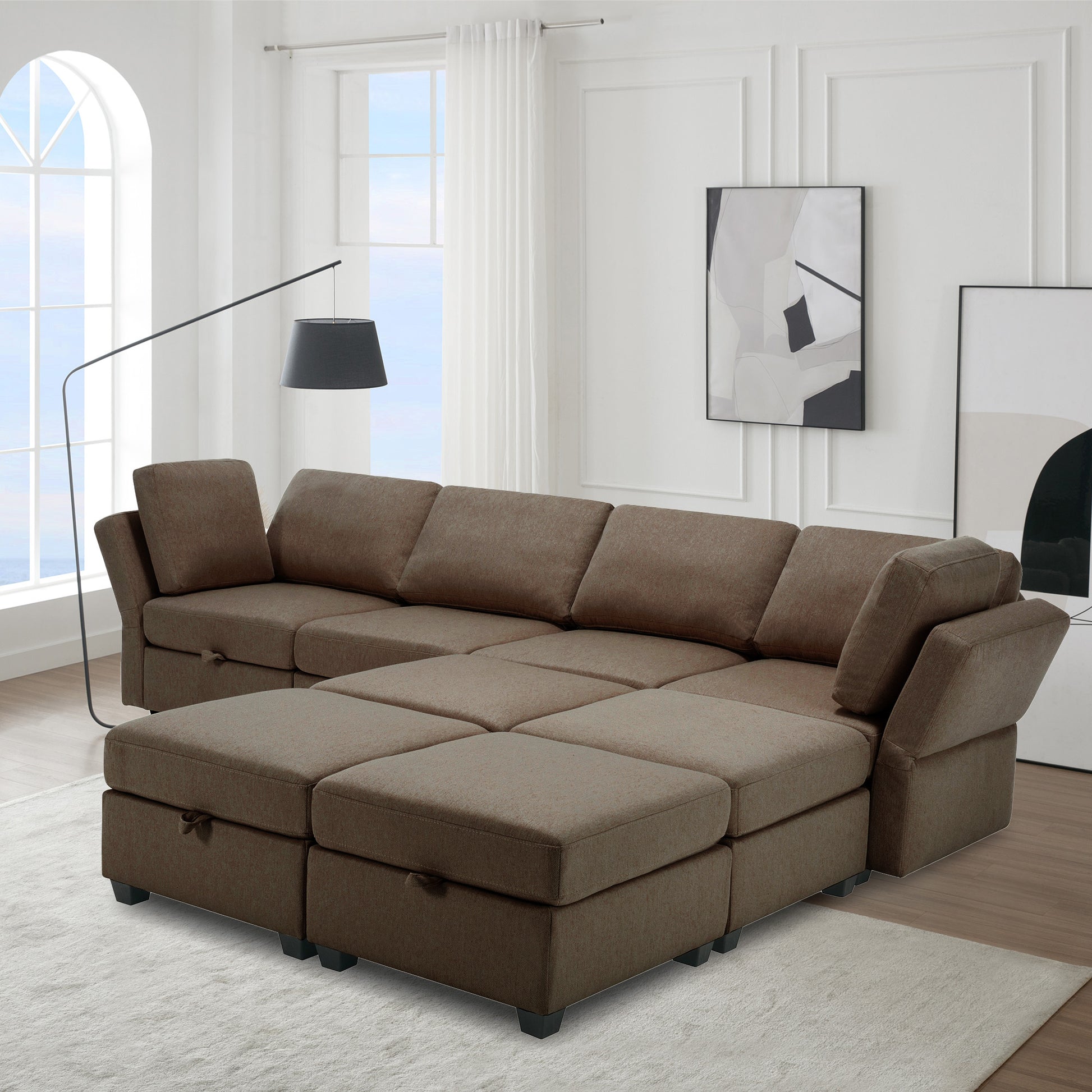 Modular Convertible U Shaped Sectional Sofa Couch With Storage Ottoman Corner Couch For Living Room, Adjustable Arms And Backs Brown Brown Polyester 4 Seat