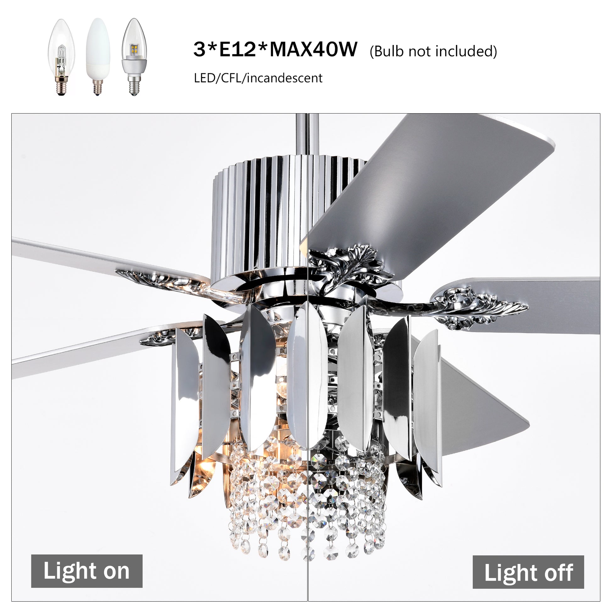 Crystal Ceiling Fan Reversible Blades 3 Wind Speeds Remote Control For Bedroom Living Dining Room Chrome Chrome American Design,American Traditional,Retro,Traditional,Vintage Crystal Iron