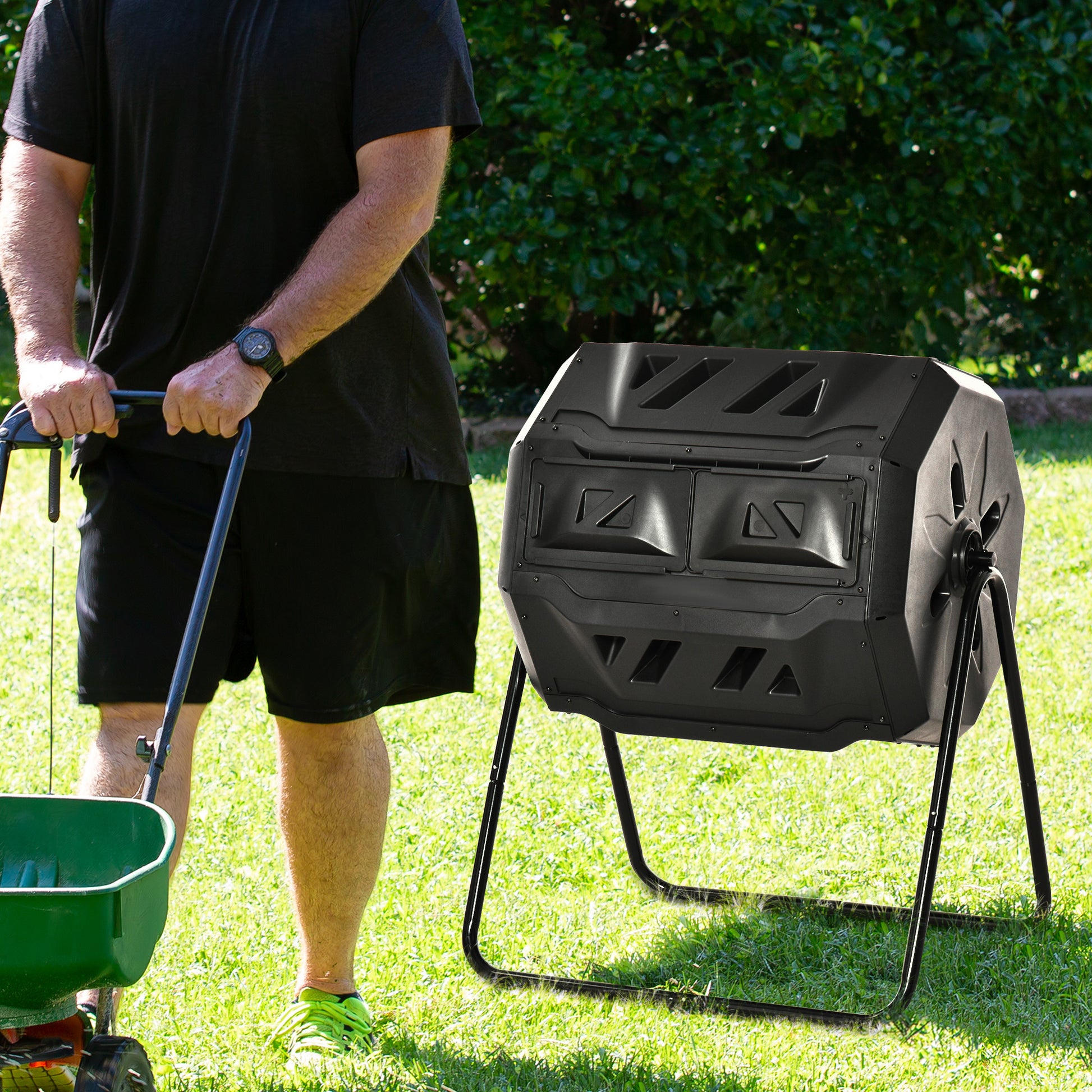 Outsunny Tumbling Compost Bin Outdoor 360 Dual Rotating Composter 43 Gallon, Black Black Plastic