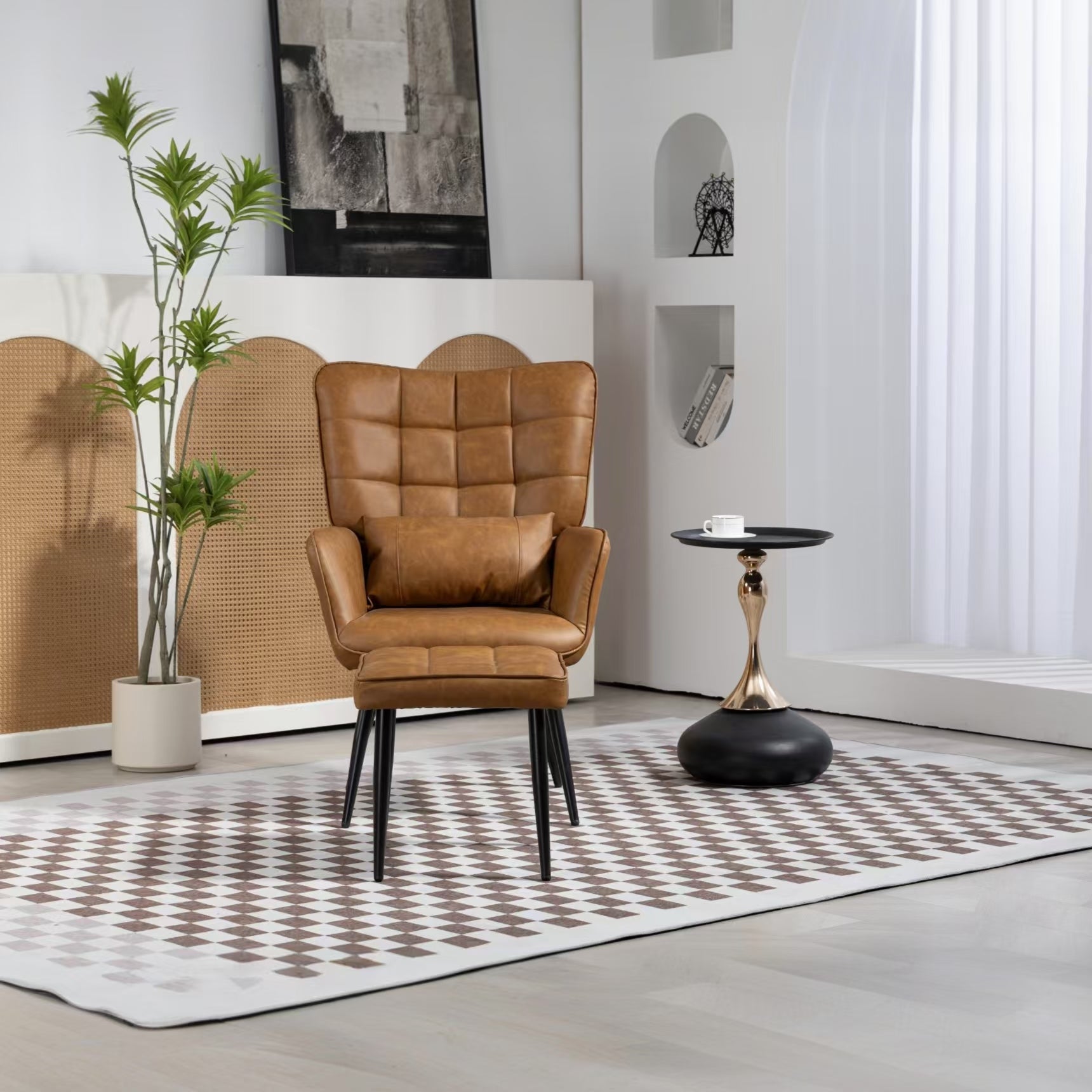 Pu Leather Accent Chair, Upholstered High Backrest Arm Chair With Solid Metal Legs, Tufted Button Design Reading Chair, Sofa Chair For Bedroom, Living Room, Office, Brown Brown Bedroom Casual Foam Pu Leather