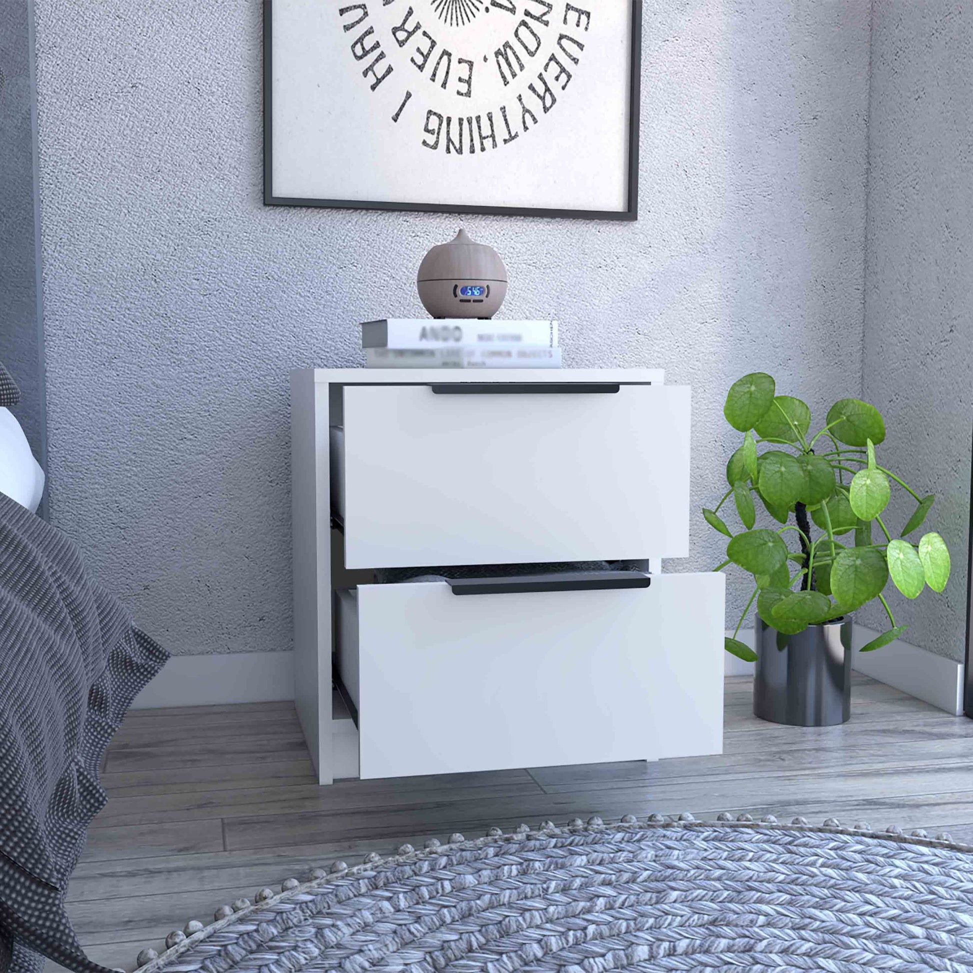 Kaia Nightstandend Table, Side Table Two Drawers, Metal Handle White White 2 Drawers Bedroom Rectangle Modern Shelf Particle Board Particle Board