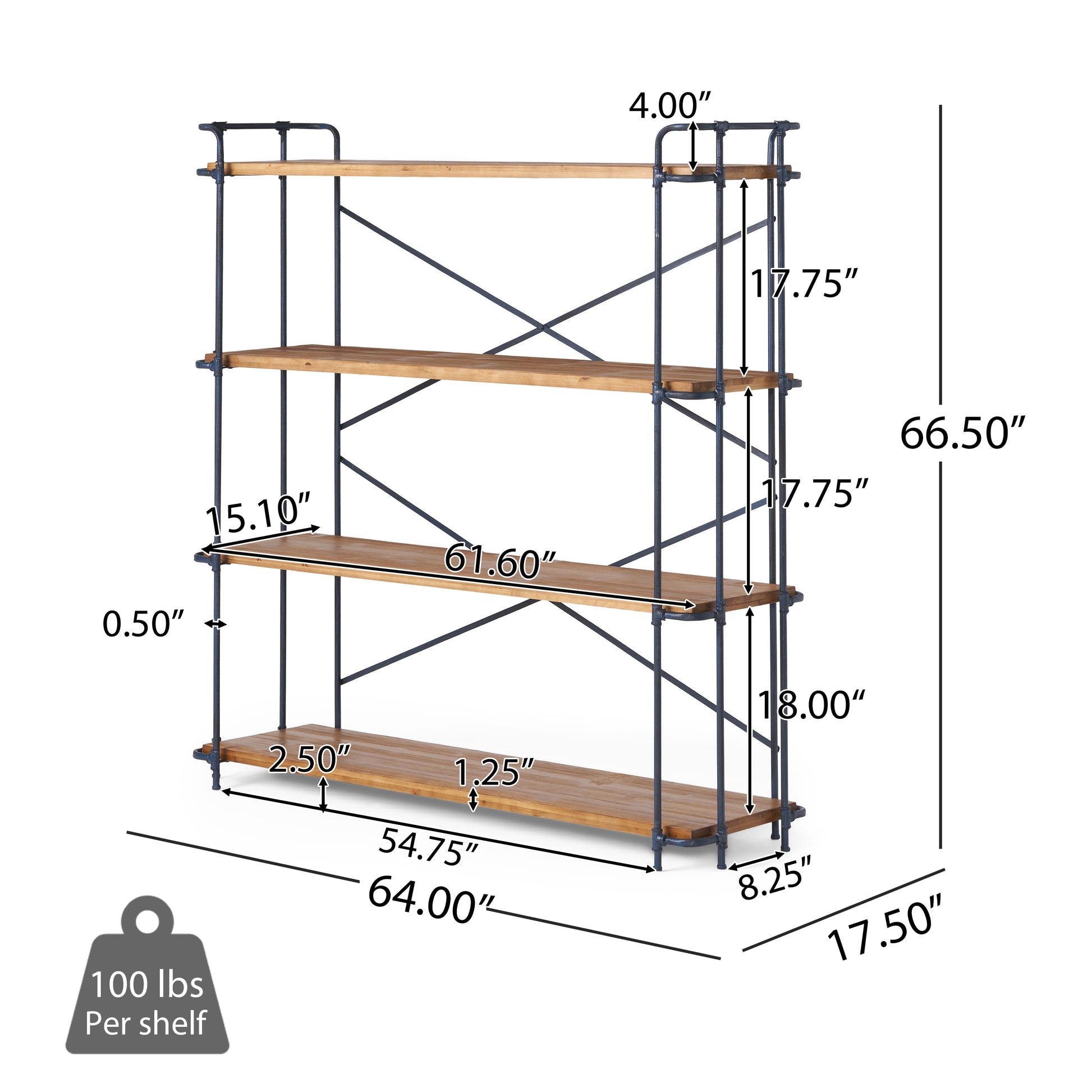 Yorktown 4 Shelf Bookcase Natural Metal & Wood