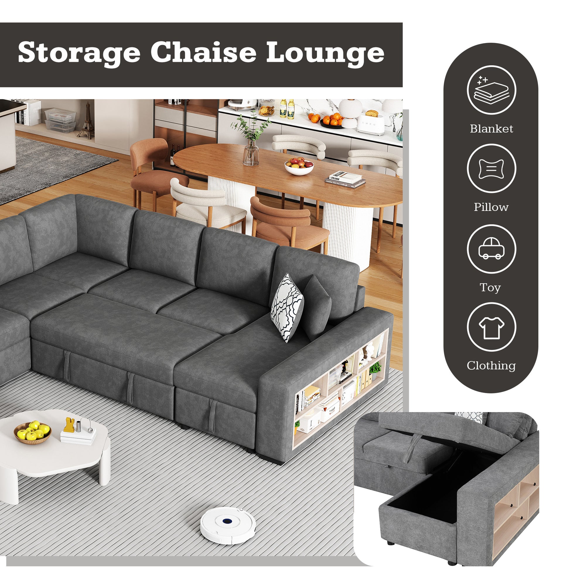 109" U Shaped Sectional Sofa Pull Out Sofa Bed With Two Usb Ports, A Storage Chaise Lounge And Four Back Pillows For Living Room, Grey Grey Foam Chenille 5 Seat