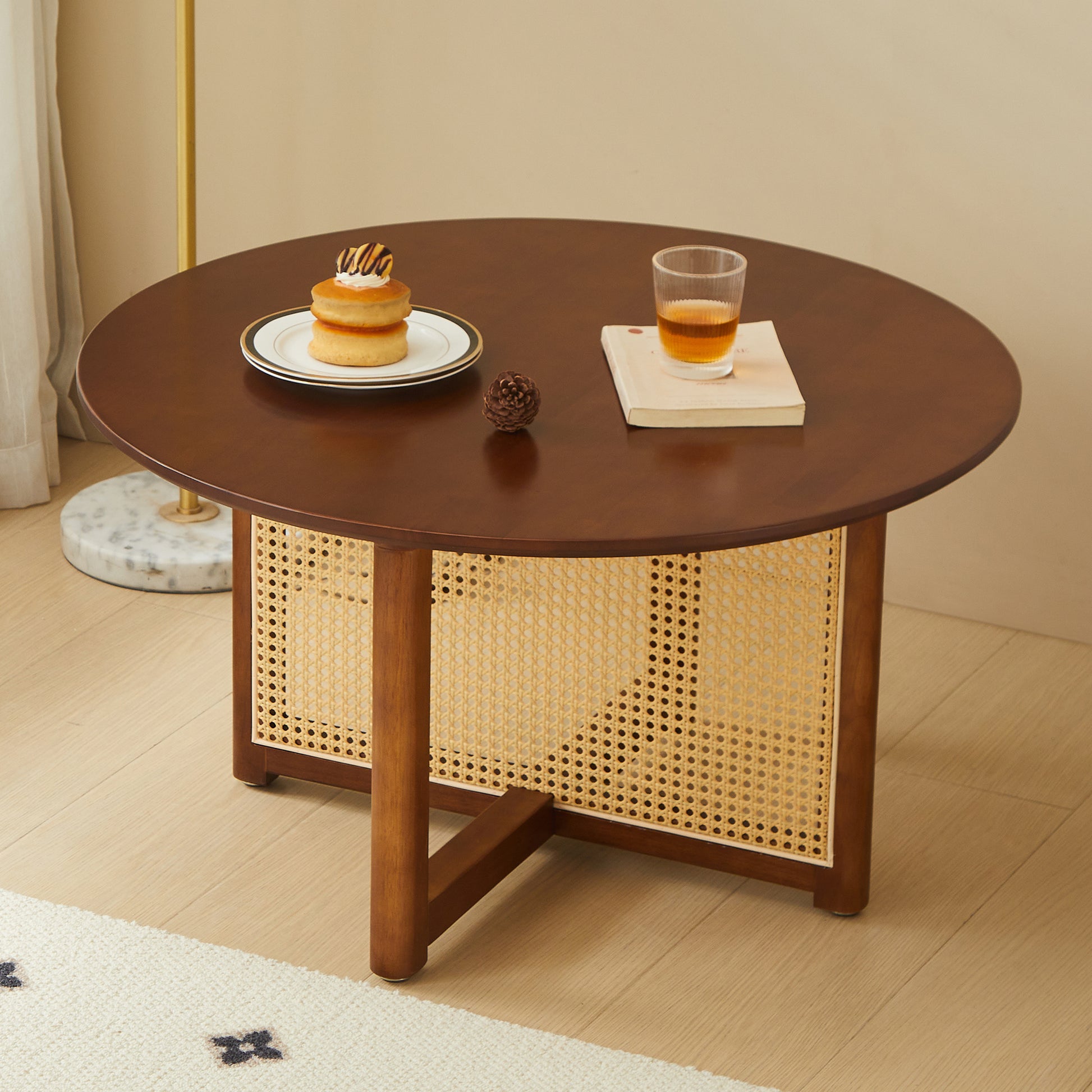 Mid Century Wooden Coffee Table With Pe Cane Stand, 31.5 Inch Round Solid Wood Bohemian Style Coffee Table, Unique Central Cocktail Table For Living Rooms, Apartments And Offices Walnut Rubber Wood