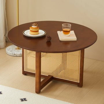 Mid Century Wooden Coffee Table With Pe Cane Stand, 31.5 Inch Round Solid Wood Bohemian Style Coffee Table, Unique Central Cocktail Table For Living Rooms, Apartments And Offices Walnut Rubber Wood