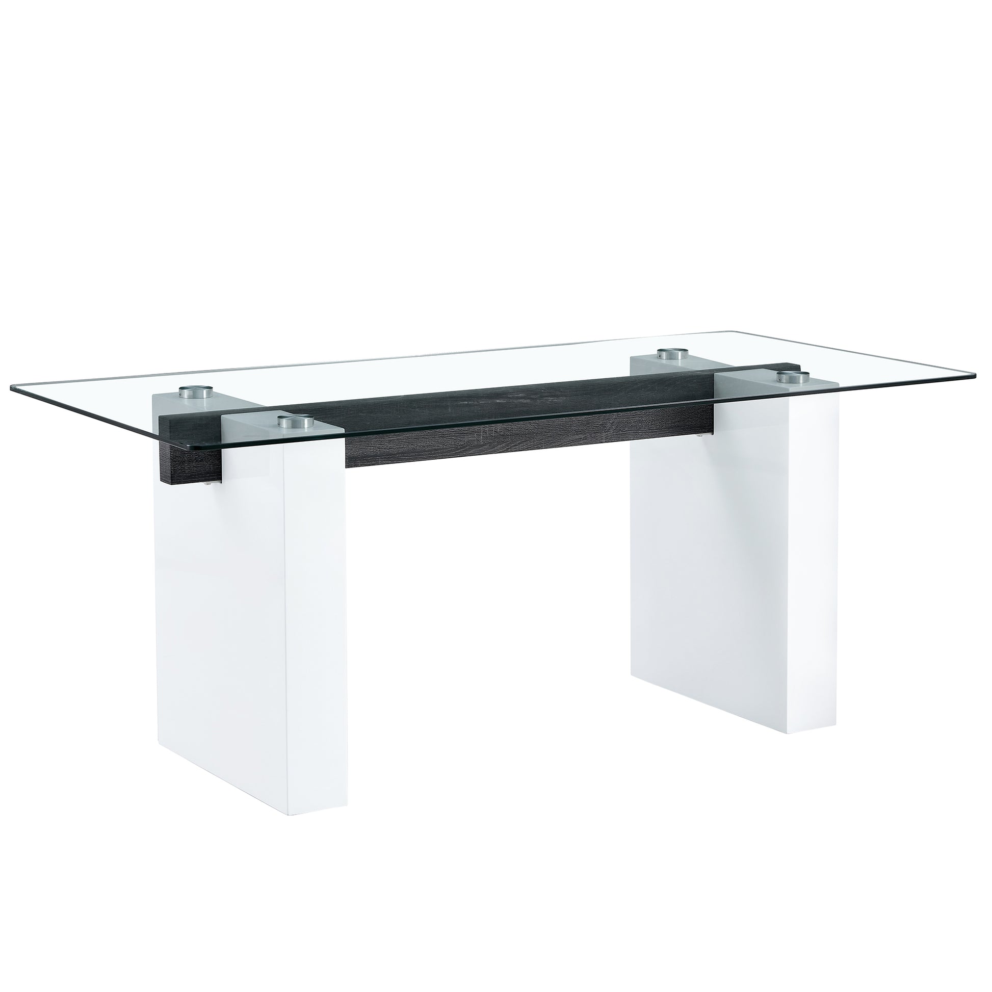 Table And Chair Set. Large Modern Rectangular Table With Glass Top And Large Mdf Legs. Comes With 8 Chairs With Faux Leather Upholstered Seats And Silver Metal Legs. White Black Seats 8 Mdf Glass