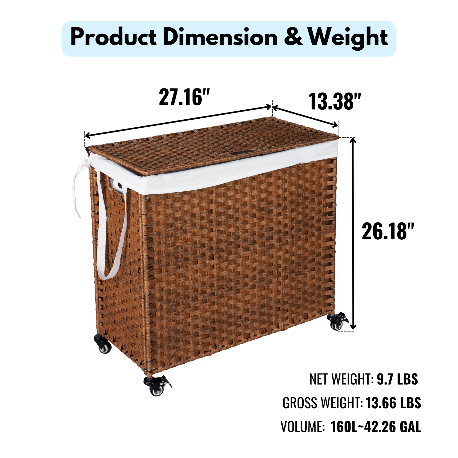 Laundry Hamper With Lid Pe Rattan Powder Coating Frame Clothes Hampers With 02 Removable Bags, Wheels, 160L, Brown Color Brown 1 Bathroom American Design,American Traditional Wicker