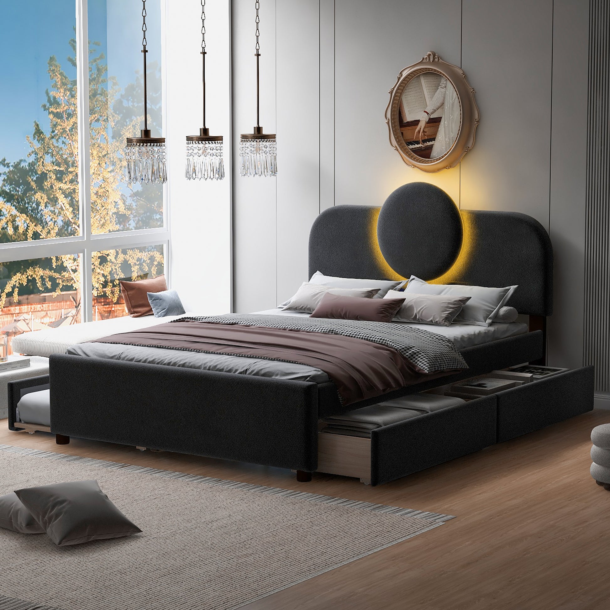 Full Size Upholstered Platform Bed With Multi Functional Led Headboard, Trundle And 2 Drawers, Gray Box Spring Not Required Full Gray Wood Bedroom Upholstered