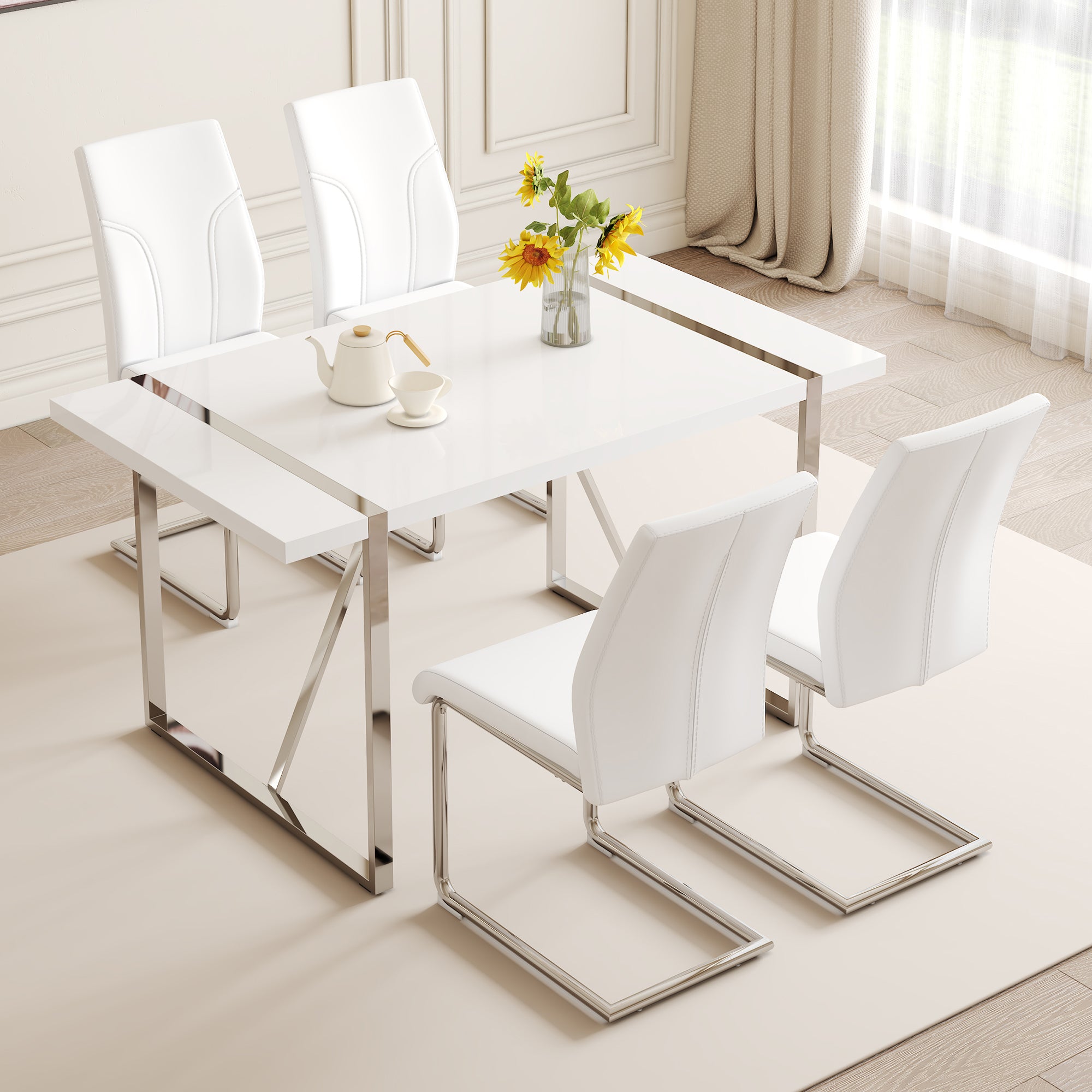 Table And Chair Set.55"X31.5" Mdf Painting Dining Table Set With 4 Pu Chairs.Showcasing A Modern And Stylish Look.Suitable For Dining Room.Mdf Painting,Iron Pipe Plating,Pu Chiairs,White. White