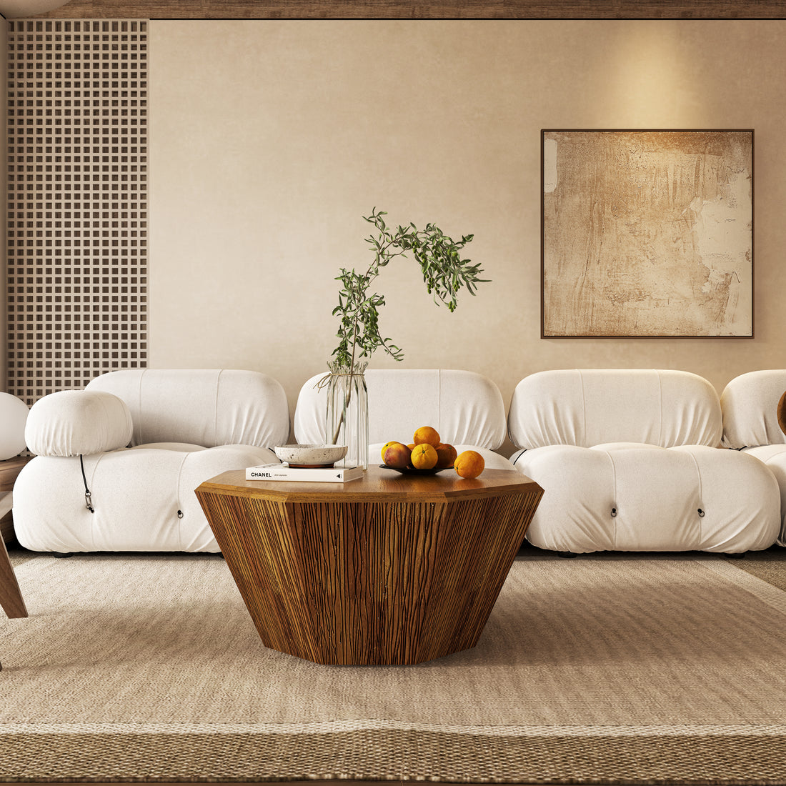 31.5 "Octagonal Log Color Rubber Wood Coffee Table, Coffee Table, Living Room Bedroom Natural Rubber Wood