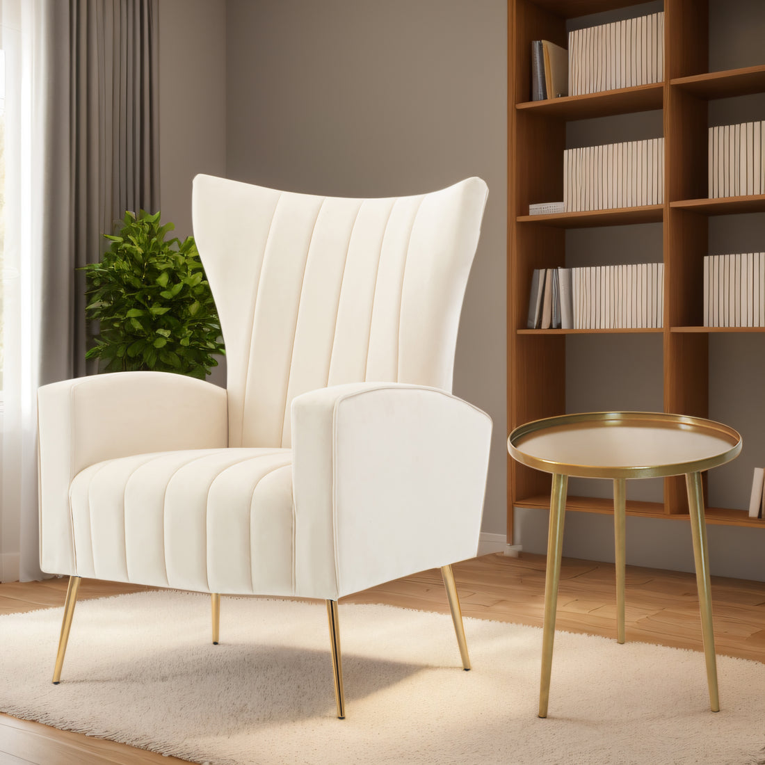 Velvet Accent Chair With Table, Wingback Arm Chair With Gold Legs, Upholstered Single Sofa For Living Room Bedroom, White White Velvet 1 Seat