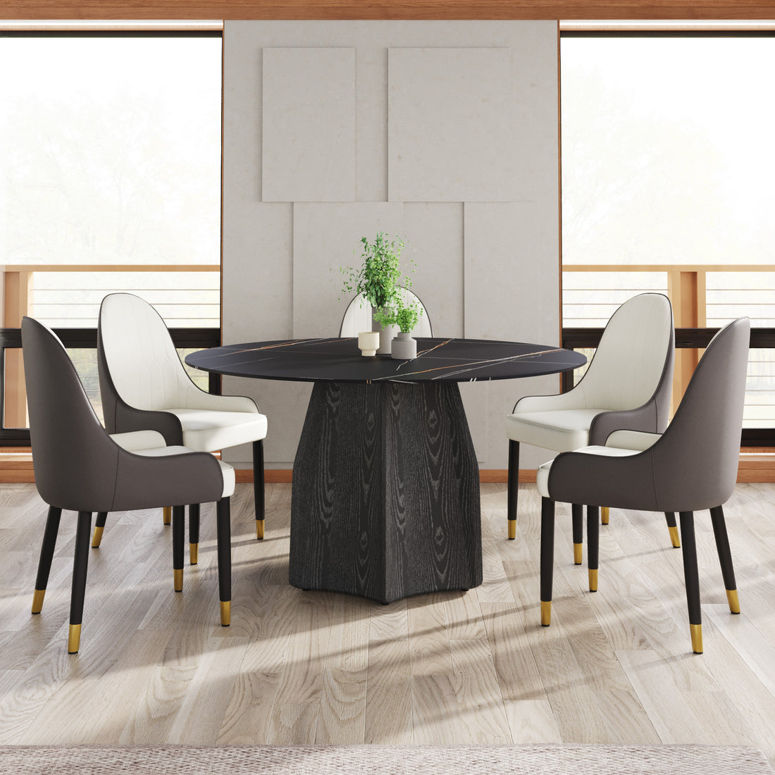 53" Round Marble Dining Table With Black Textured Solid Wood Base, Artificial Marble For 6 People, Dining Room Living Room Kitchen Dining Table,Black Dining Table Only Black Dining Room Modern Round