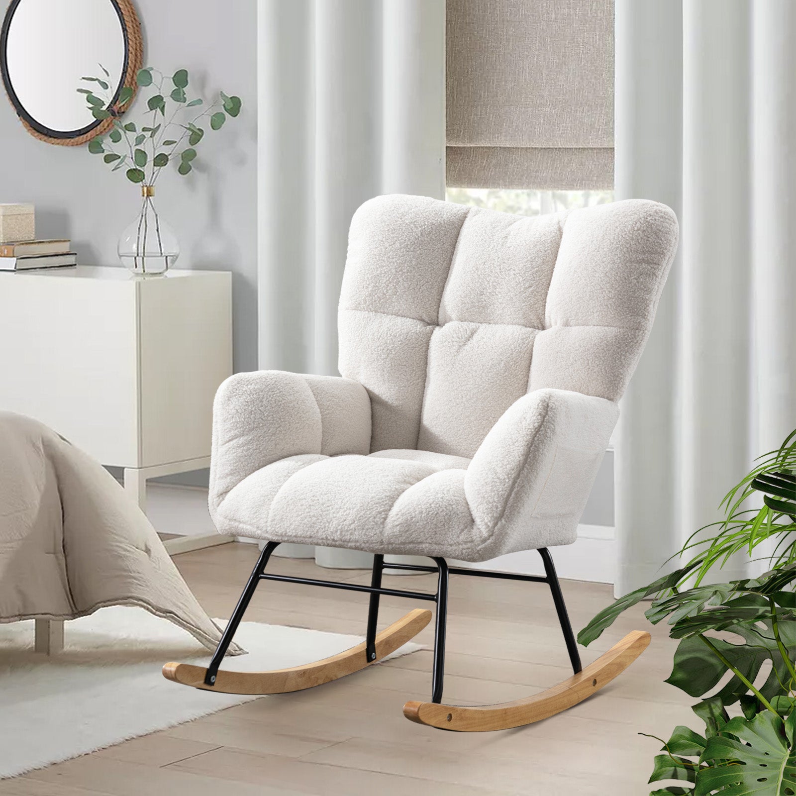 Teddy Fabric Rocking Chair, Upholstered Rocker Armchair With High Backrest, Modern Rocking Accent Chair For Nursery, Living Room, Bedroom, White Metal White Light Brown Bedroom Foam Wipe Clean Modern Rocking Chairs Rubberwood Tufted Back Foam Fabric