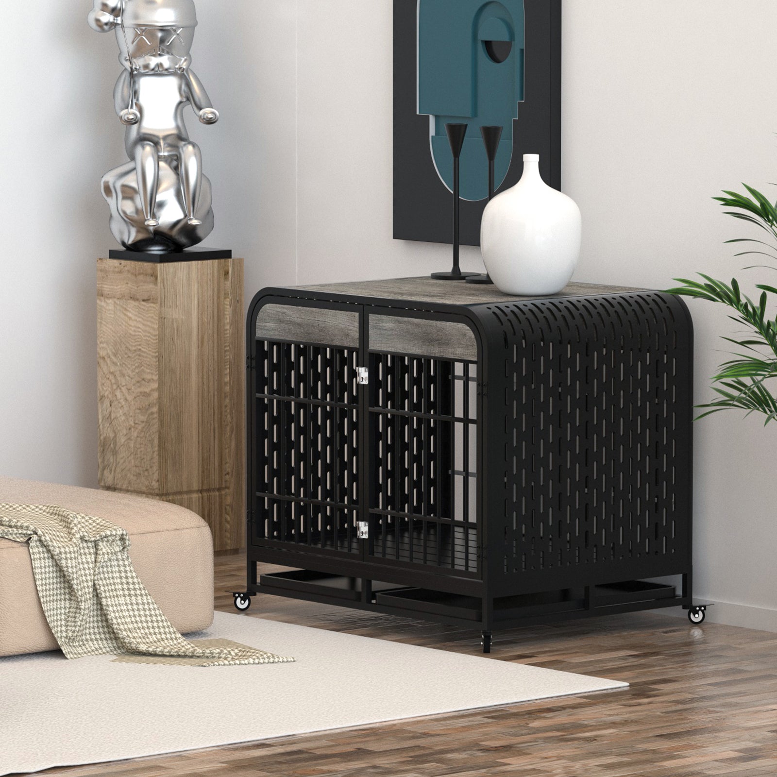 Heavy Duty Dog Crate Furniture Wooden Table Pet Dog Cage Kennel House Indoor Side End Table Decor With Removable Trays And Lockable Wheels For Medium And Large Dogs 42" Grey Grey Outdoor Kennel Large 41 70 Lbs Mdf Steel