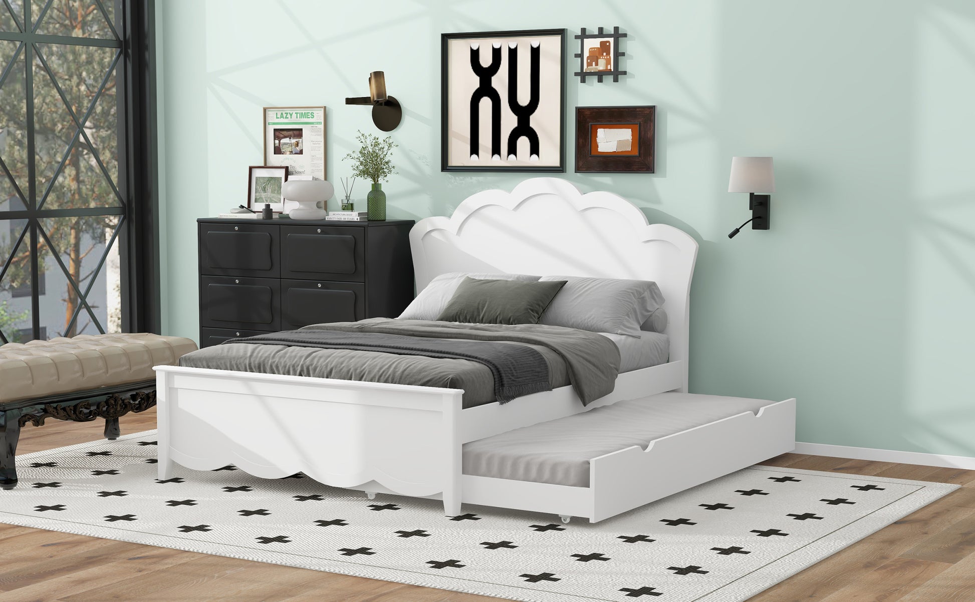 Full Size Wood Platform Bed With Headboard And Twin Size Trundle, White Box Spring Not Required Full White Wood Bed Frame Solid Wood Mdf