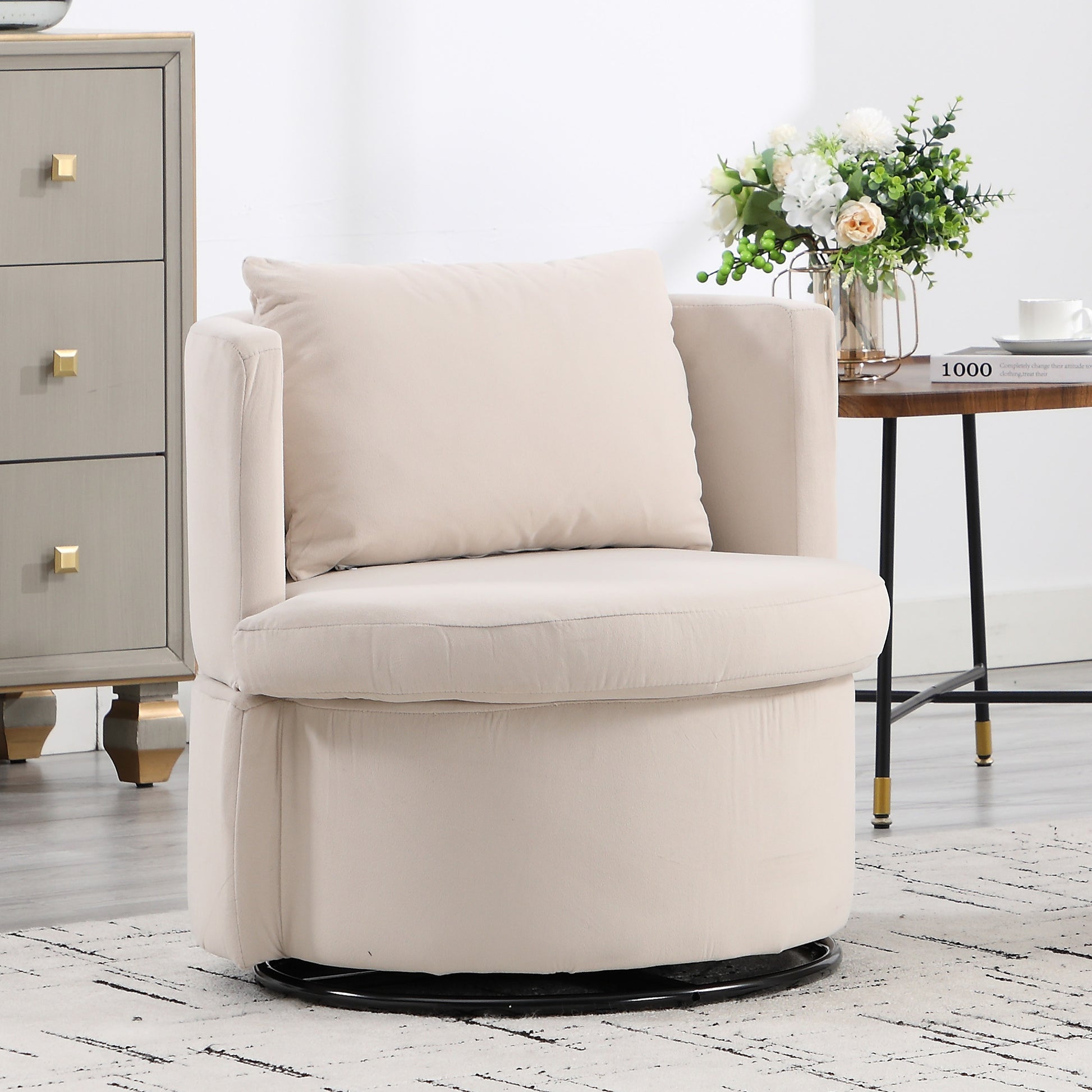 Upholstered Barrel Accent Chair With Ottoman, Living Room Side Chair With Storage, Single Sofa Armchair Beige Primary Living Space Foam Wood