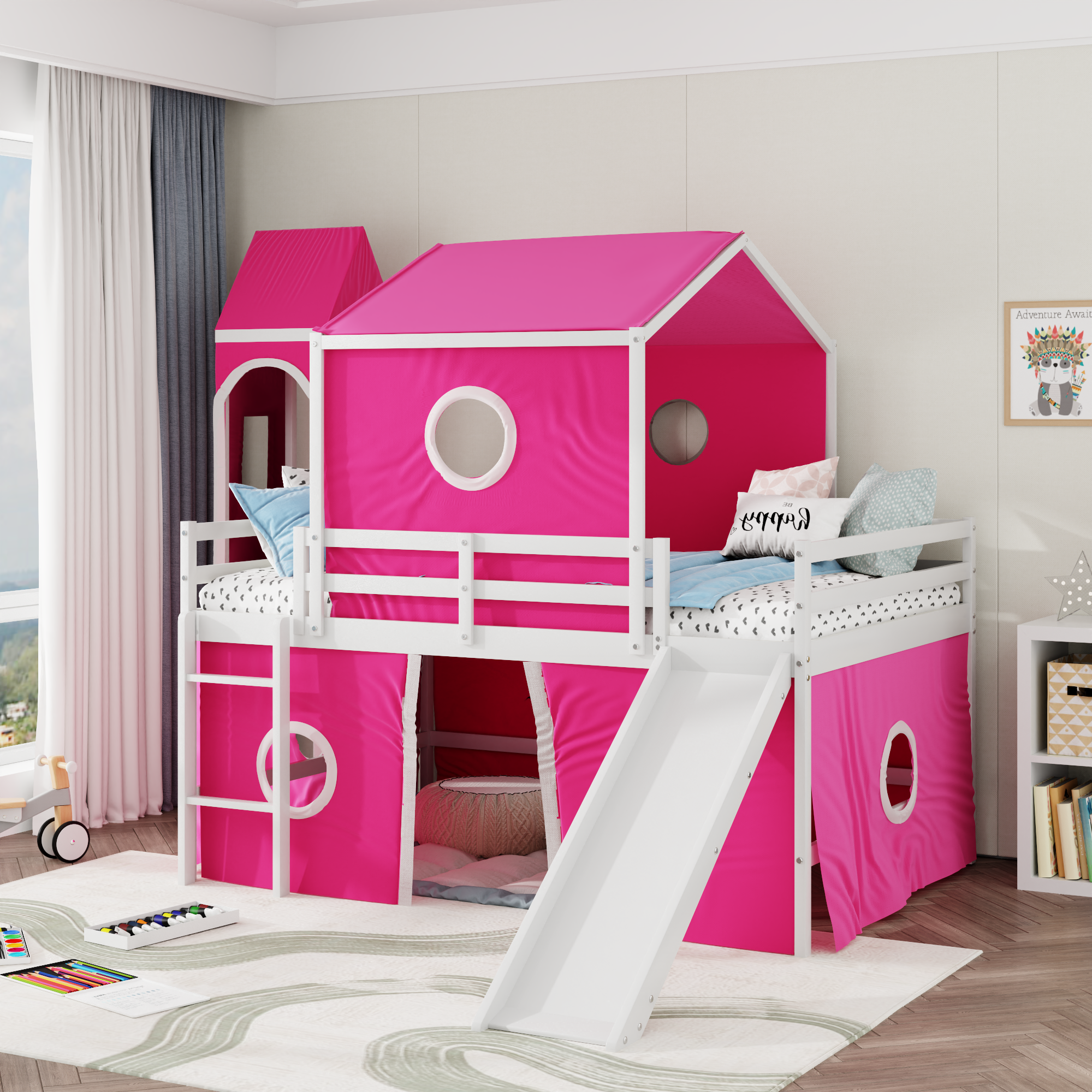 Full Size Loft Bed With Slide Pink Tent And Tower Pink Old Sku:Wf298771Aah Full Pink Solid Wood