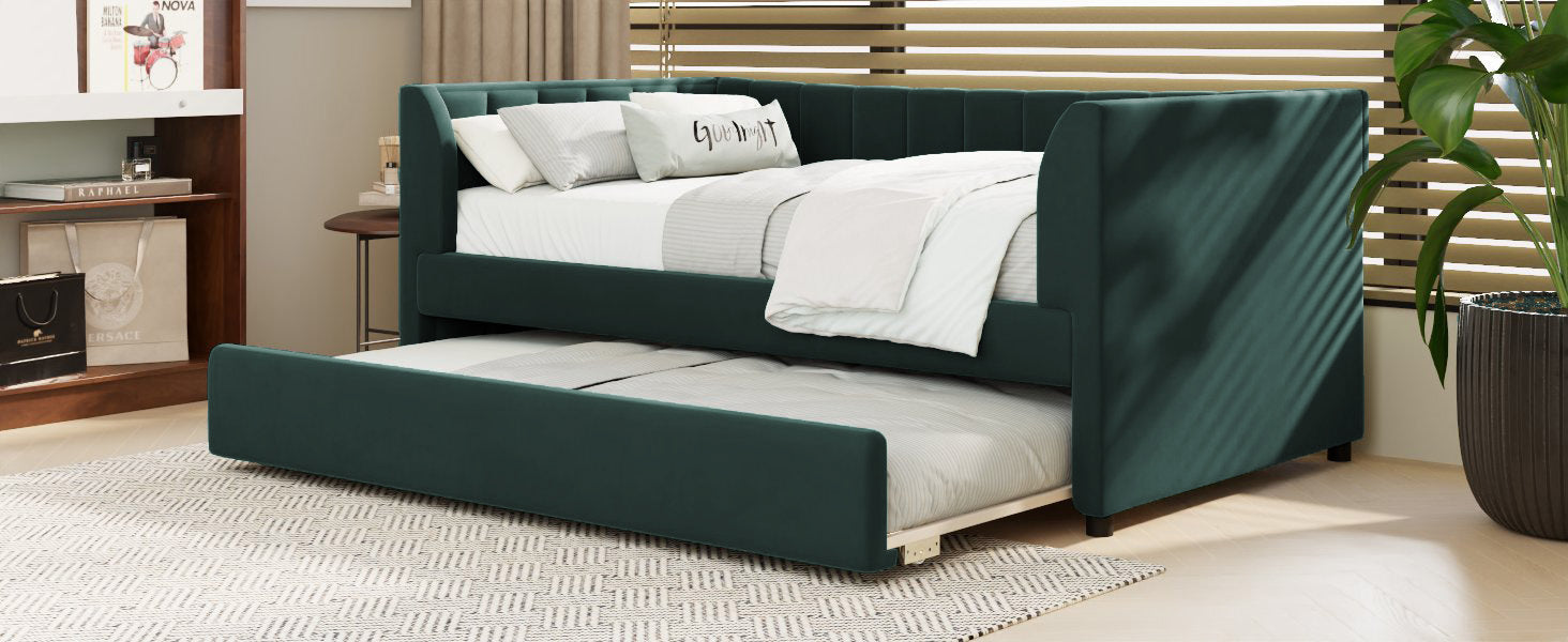 Twin Size Upholstered Velvet Daybed With Trundle, Green Box Spring Not Required Twin Green Wood Bedroom Bed Frame Velvet Upholstered