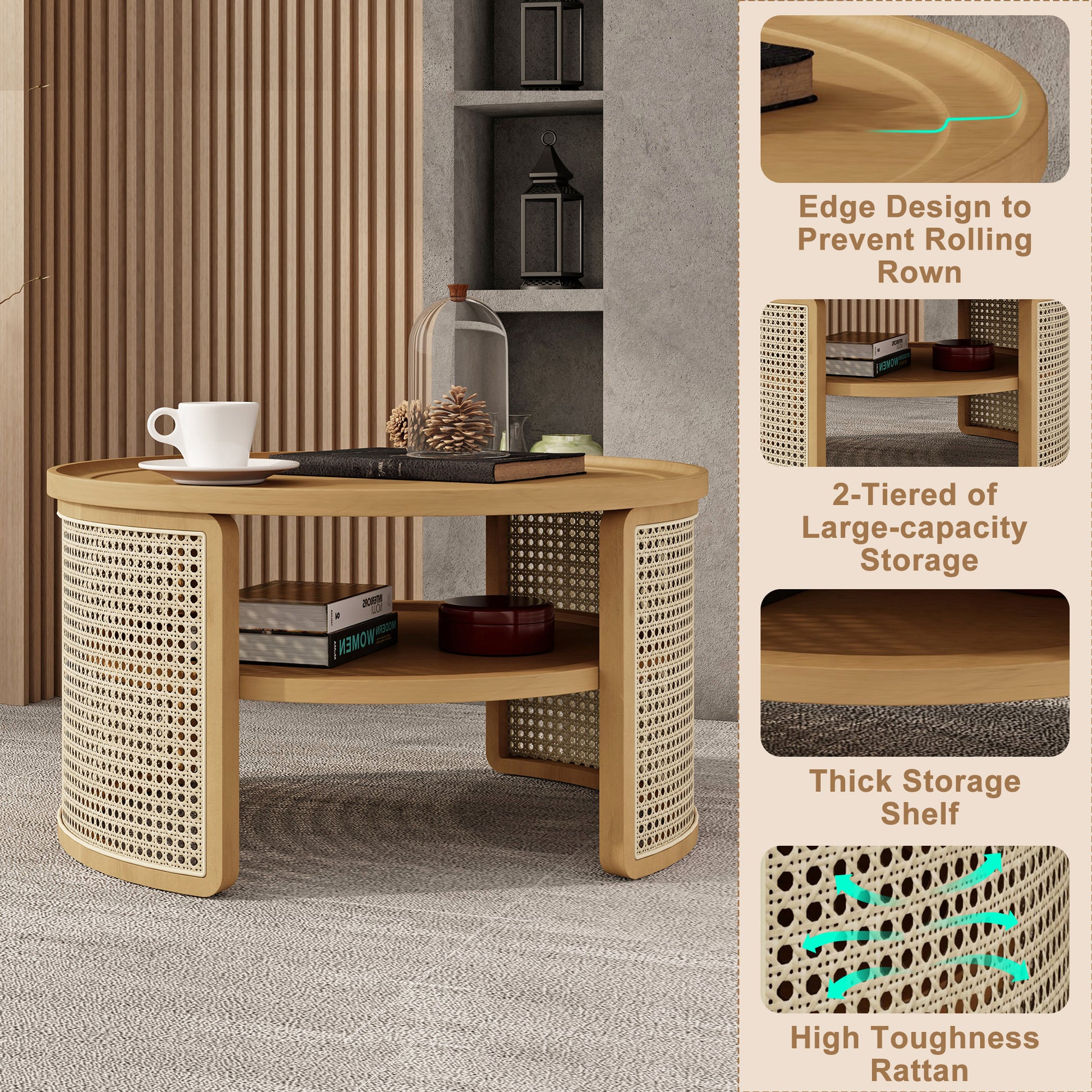 2 Tiered Round Natural Wood Coffee Table With Storage Rattan Base In 31.3'' Natural Rubber Wood