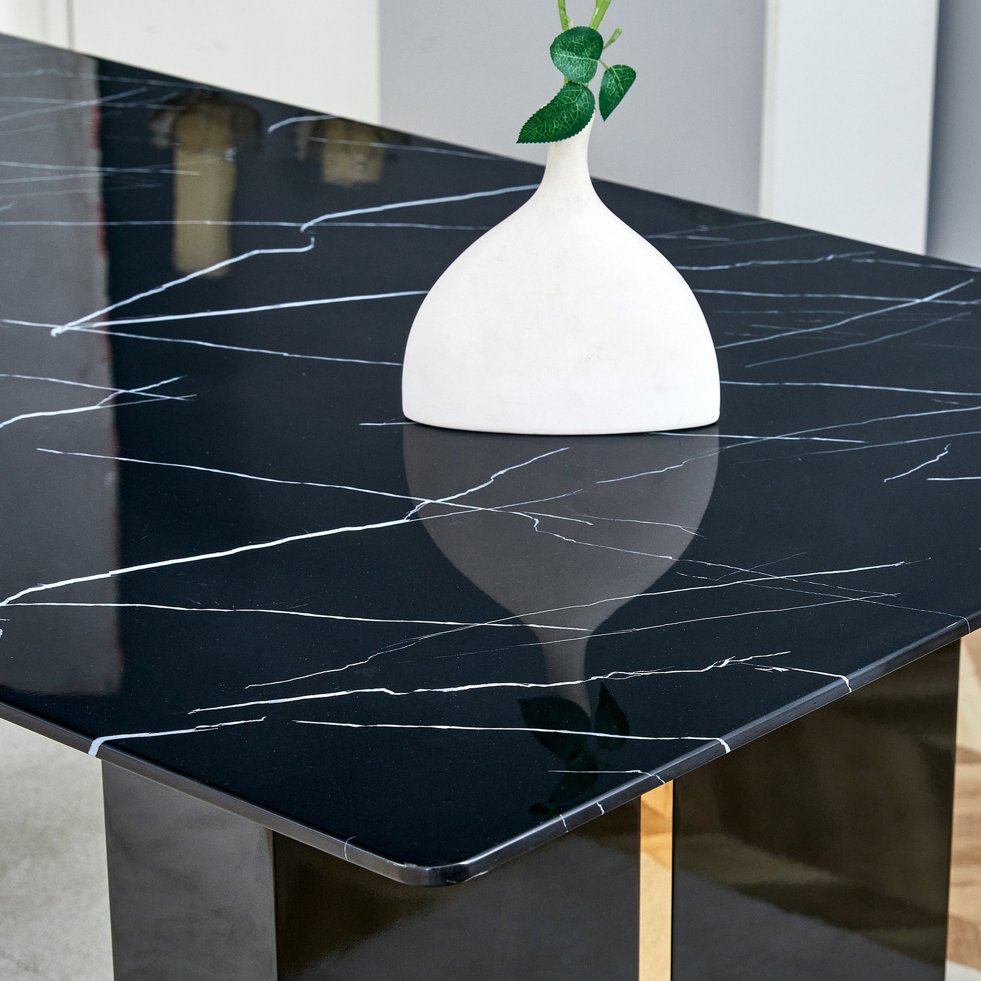 Large Modern Rectangular Table With Black Patterned Countertop And Large Mdf Legs For Kitchen, Dining Room And Living Room To Create A Different Atmosphere For A Home Environment. Black Mdf