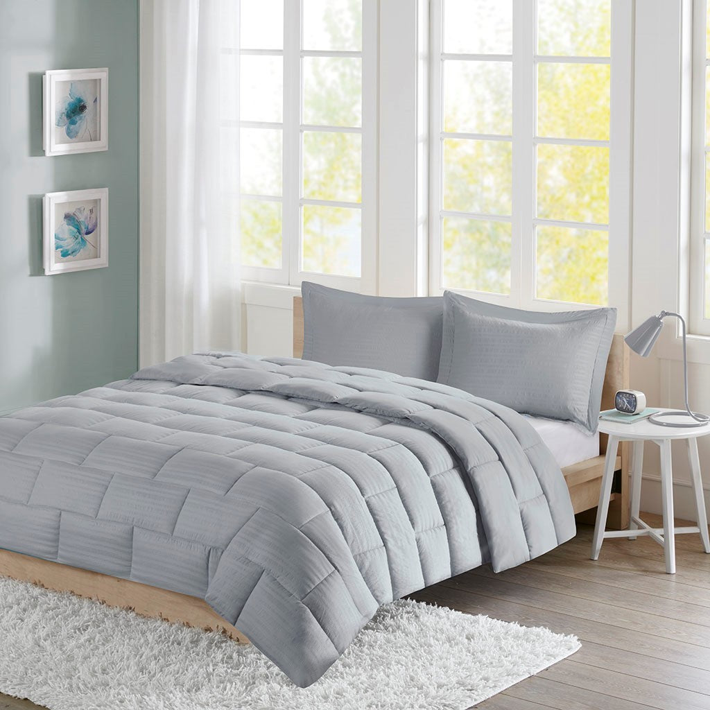 Seersucker Down Alternative Comforter Mini Set Queen Grey Microfiber