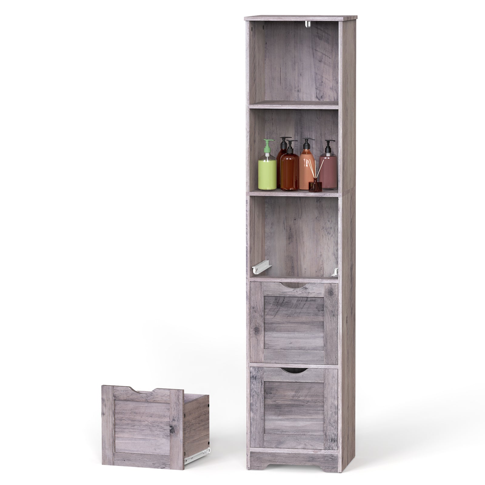 Bathroom Floor Cabinet With 3 Drawers 2 Shelves, Tall Narrow Bathroom Kitchen Pantry Storage Cabinet With Open Compartment, Living Room Free Standing Storage Organizer,Grey Grey Wood