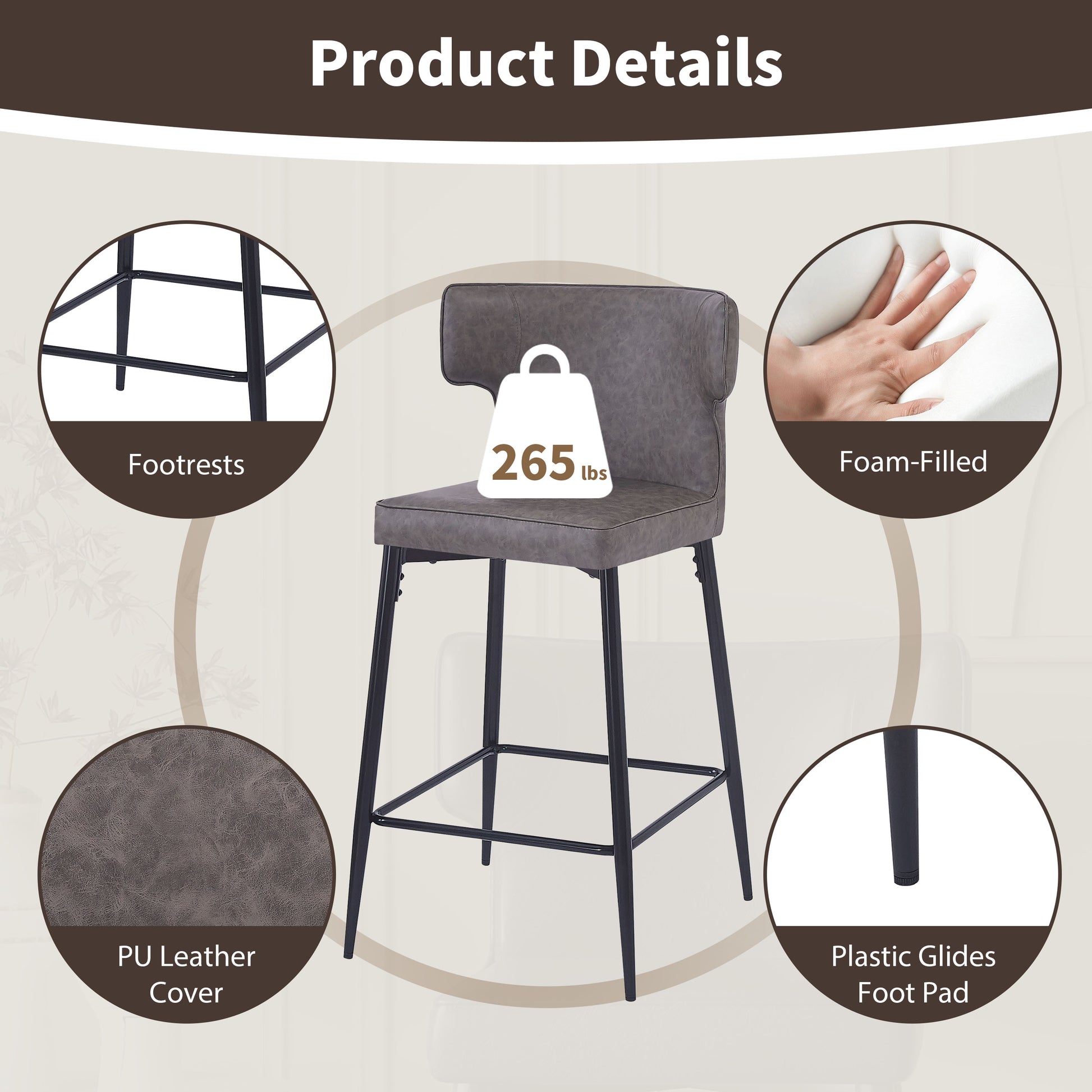 28Inch Counter Height Bar Stools Set Of 2, Modern Bar Upholstered Chairs With Pu Leather, Metal Footrest And Frame For Kitchen Island, Bar Table, Dining Room, Gray Solid Kitchen Solid Back Set Of 2