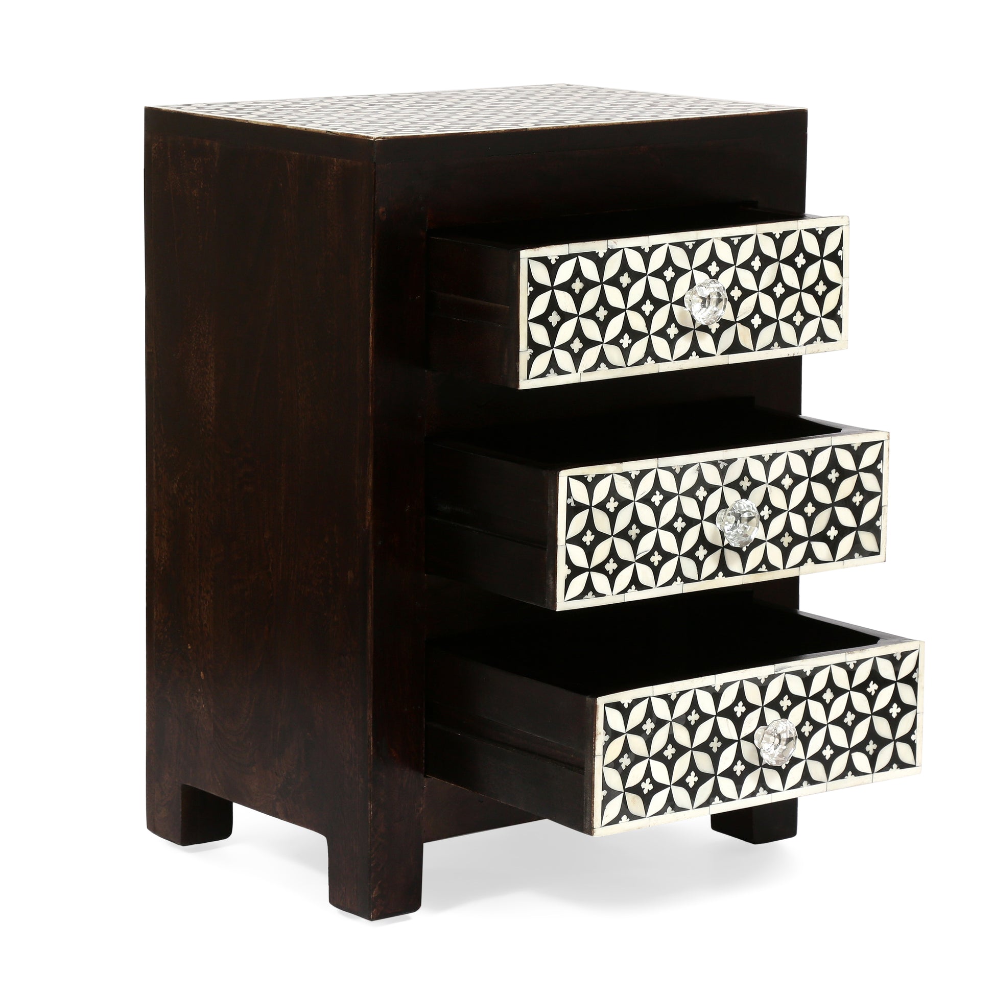 Wooden 3 Drawer Bone Fitted Nightstand Black Dark Walnut Wood