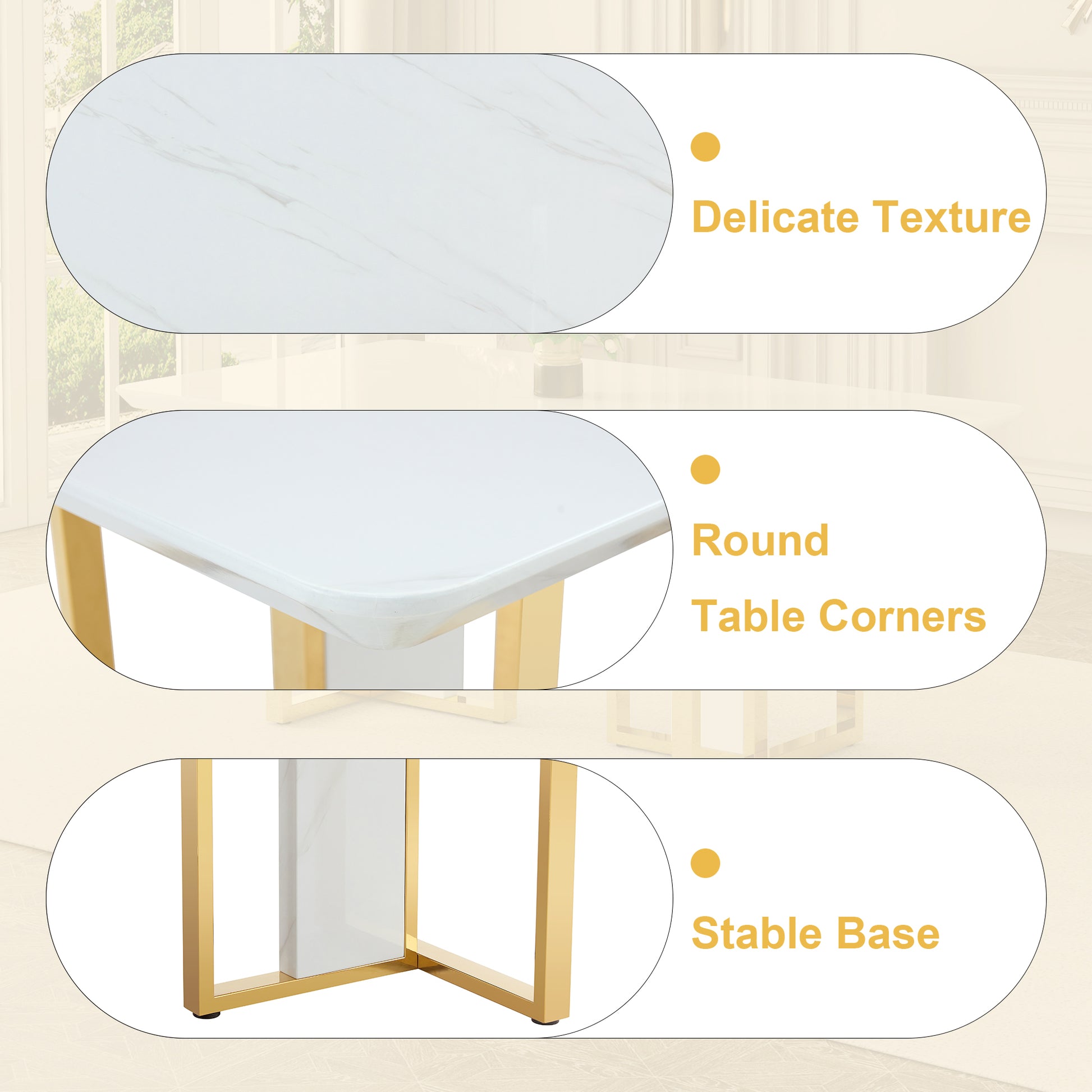 Table And Chair Set.67"X36" White Marble Pattern Mdf Dining Table Set With 8 Dark Gray Pu Chairs.Mdf Sticker,White Marble Pattern Sticker,Gold C Tube Chair Legs,Suitable For Kitchen,Dining Room,Etc.