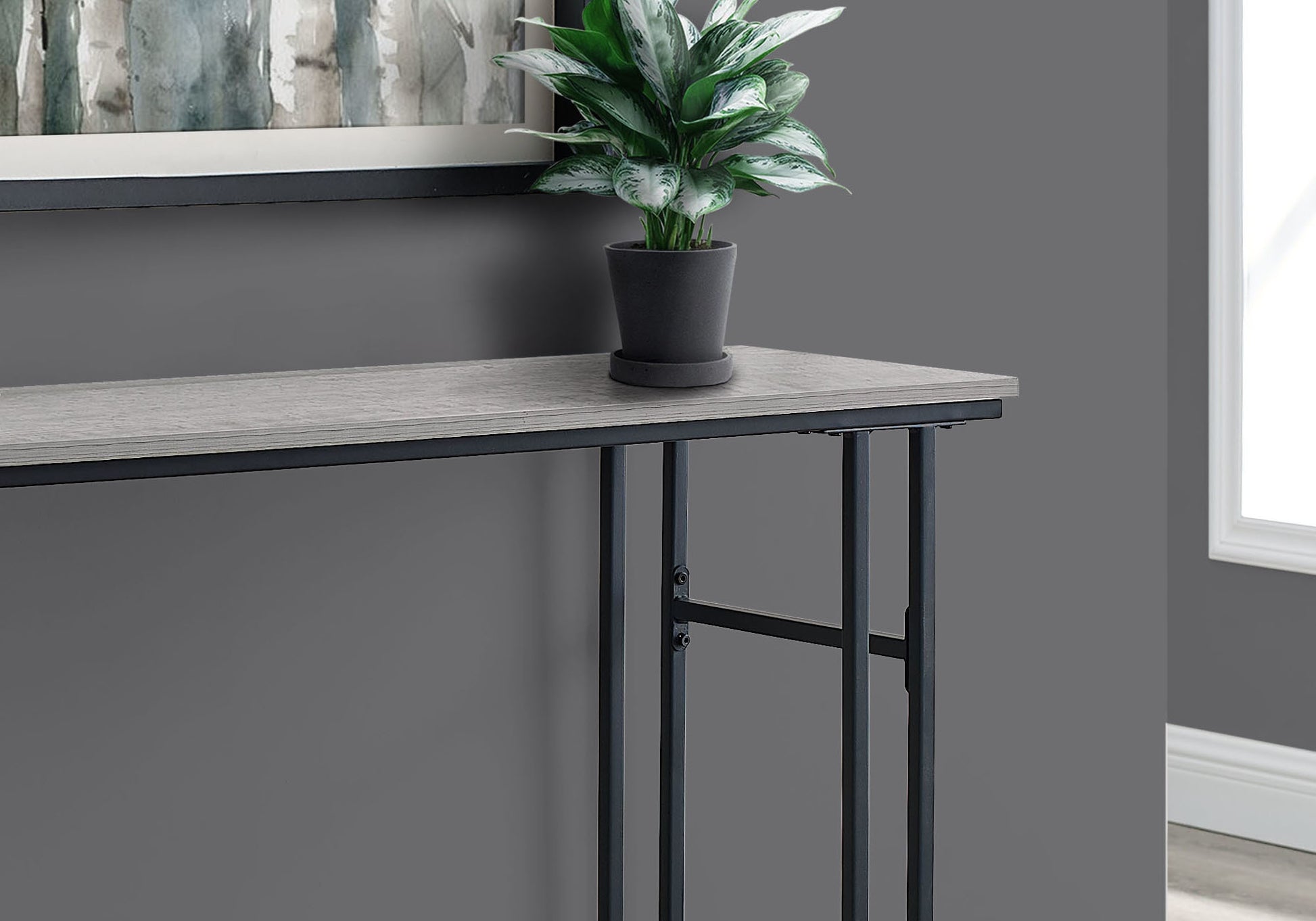 Accent Table, Console, Entryway, Narrow, Sofa, Living Room, Bedroom, Grey Laminate, Black Metal, Contemporary, Modern Grey Metal