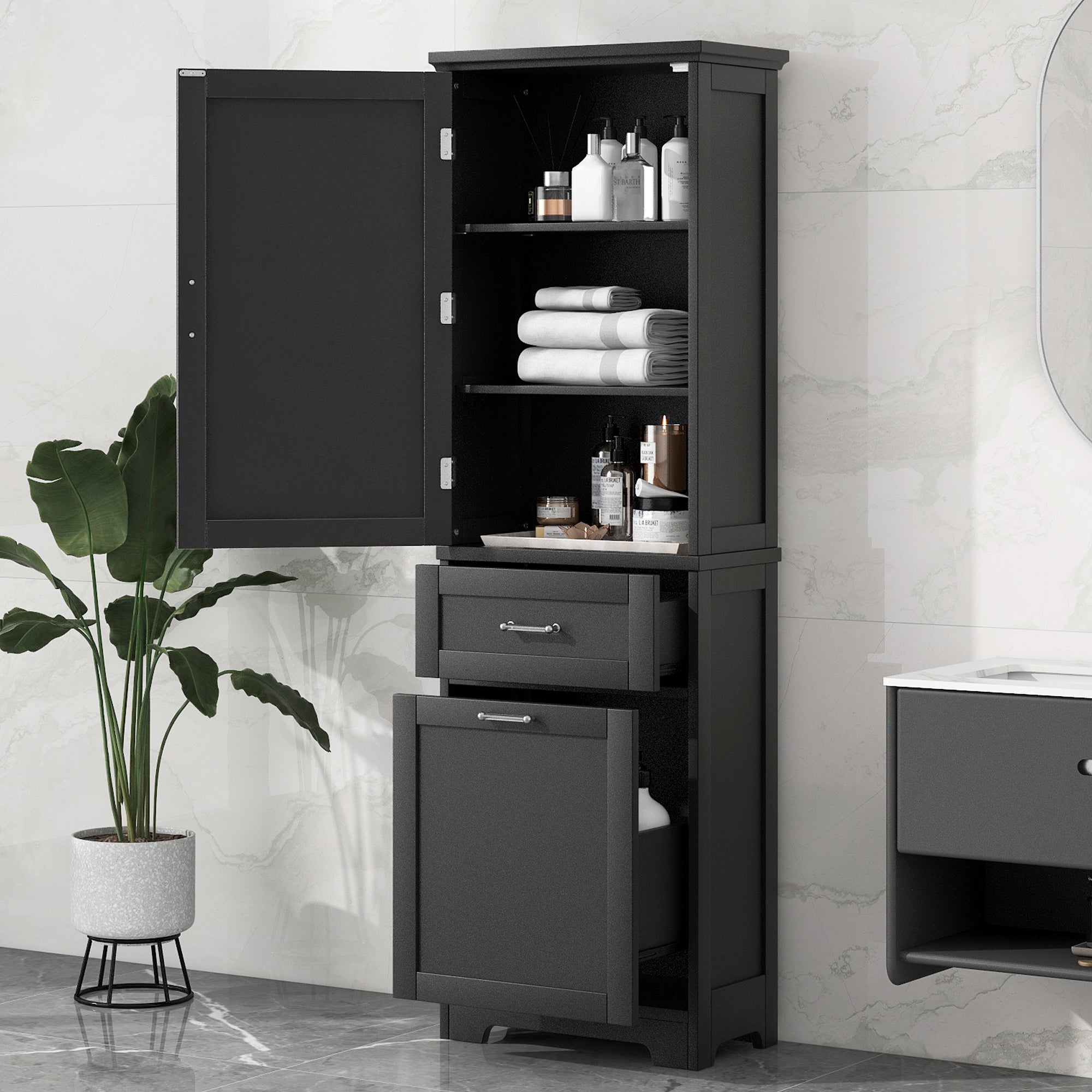 Tall Bathroom Storage Cabinet, Freestanding Storage Cabinet With Two Different Size Drawers And Adjustable Shelf, Mdf Board With Painted Finish, Black Black Mdf