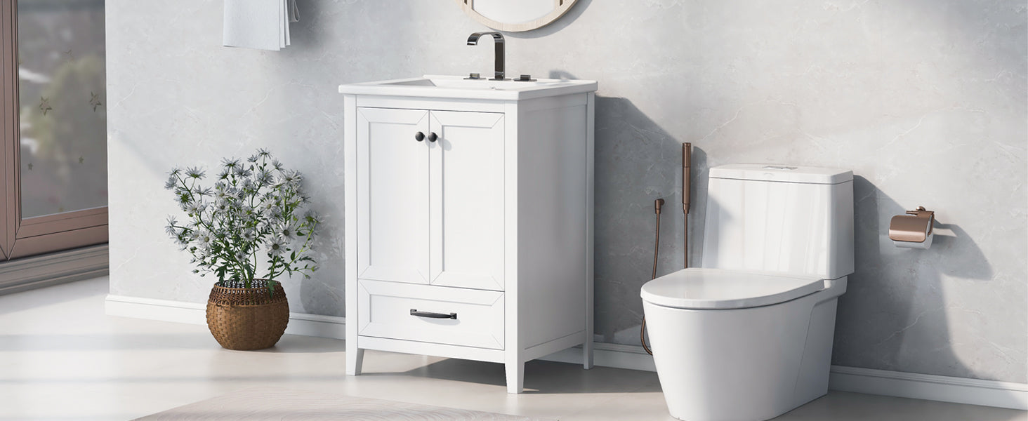 24" Bathroom Vanity With Sink, Bathroom Vanity Cabinet With One Drawer And Doors, Solid Wood And Mdf, White White Solid Wood Mdf