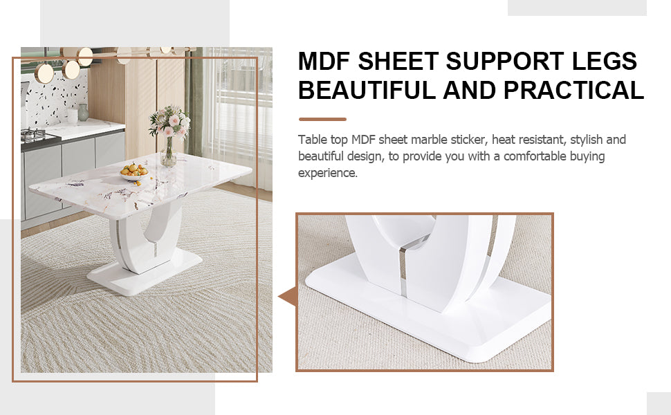 Table And Chair Set, Modern Luxurious White Imitation Marble Pattern Mdf Dining Table,Rectangular Dining Table, Matched With Uniquely Shaped Pu High Backrest Seats,Suitable For Various Occasions. White Seats 4 Mdf