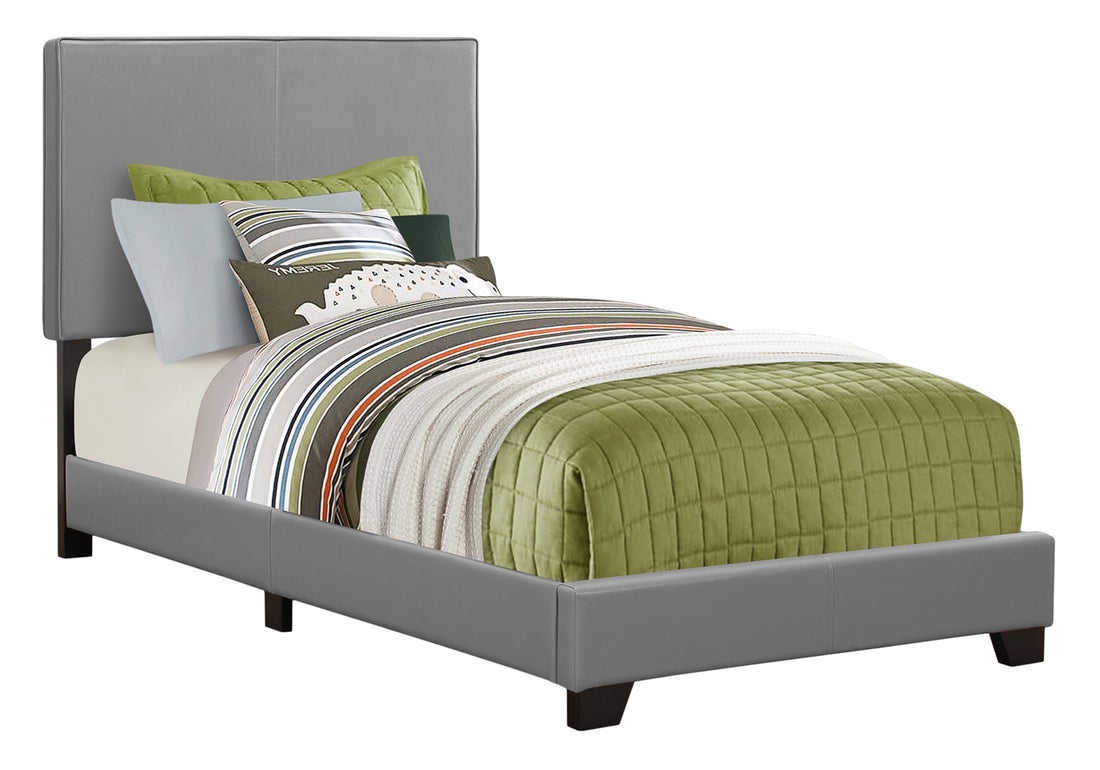 Bed, Twin Size, Bedroom, Upholstered, Grey Leather Look, Transitional Grey Foam Faux Leather