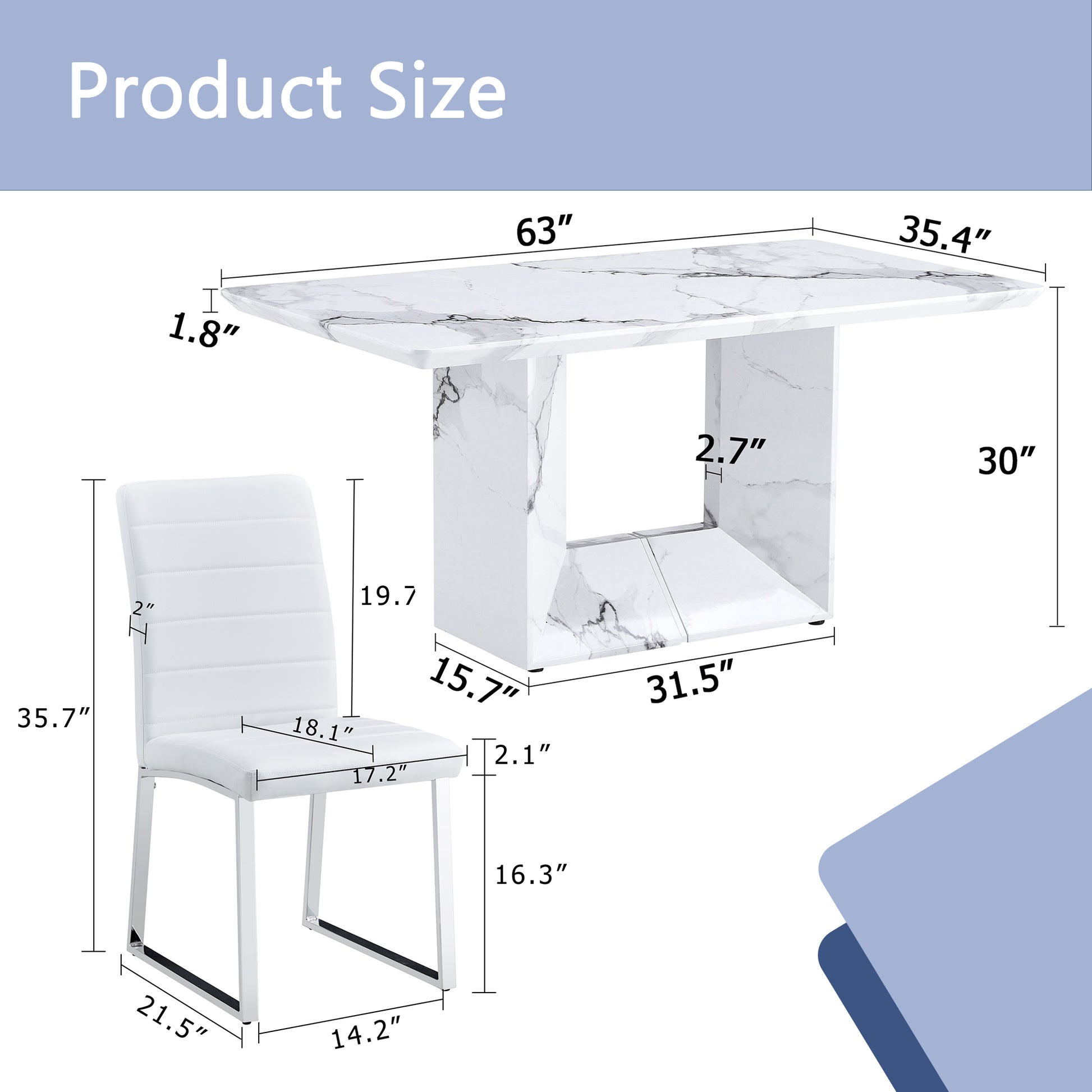 Table And Chair Set.63"X35.4" White Marble Patterned Mdf Dining Table Set With 4 Armless White Pu Chairs.The Backrest Of The Dining Chair Is Designed With Multiple Horizontal Stripes. White Seats 4