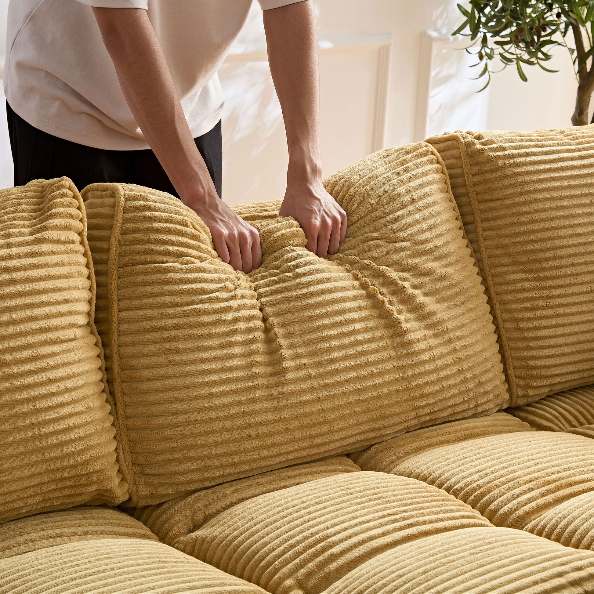 6 Seats,Oversized Sectional Sofa,L Shaped Corner Couch With Detachable Seat & Back Cushion, Corduroy Upholstery Convertible Sleeper Sofa&Couch For Living Room Yellow Fabric 6 Seat