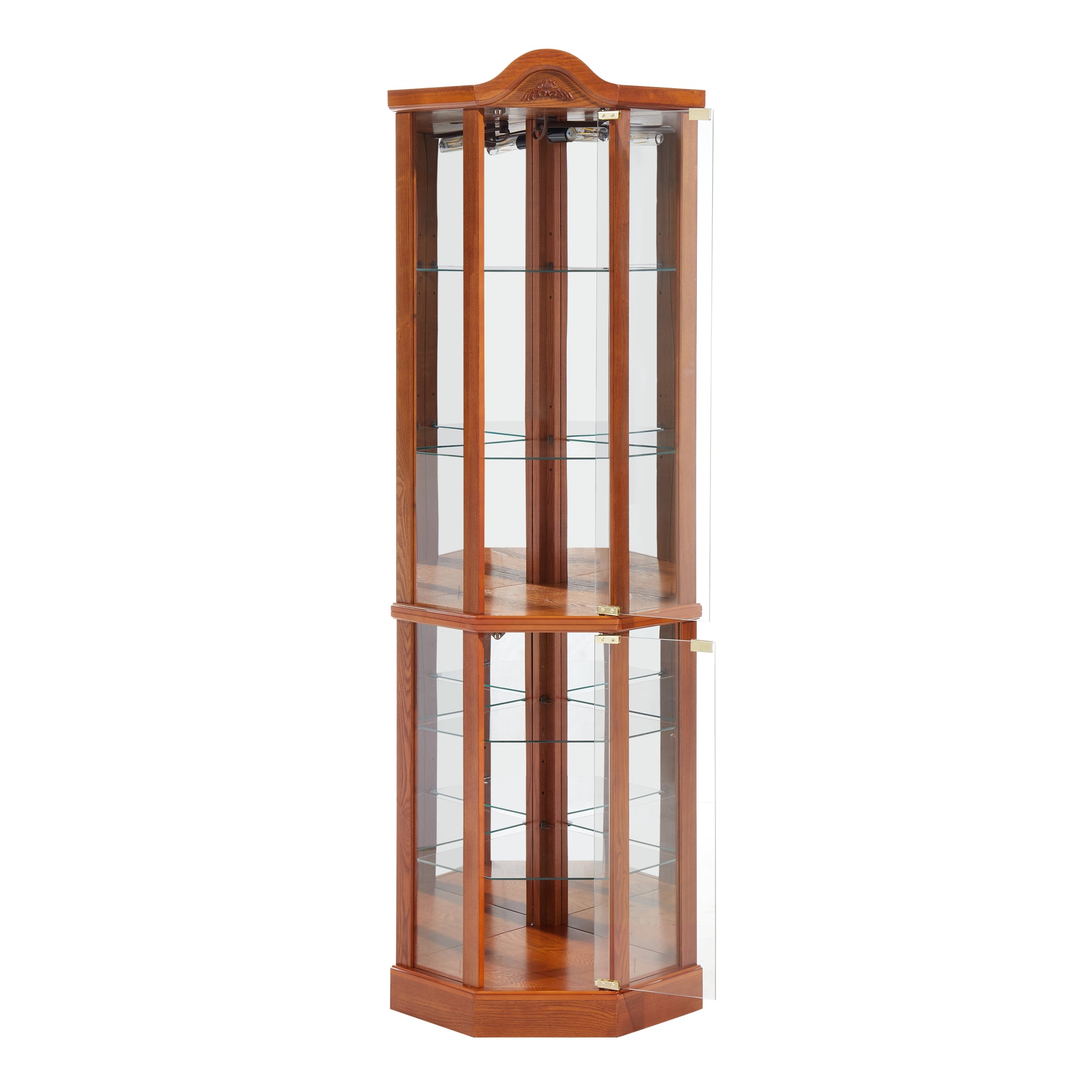 Glass Cabinet Lighted Corner Cabinet Corner Display Curio Cabinet, Glass Display With Light Included Bar Cabinet,Wine Cabinet With Adjustable Glass Shelves Carved Decoration Oak Light Included Oak Mdf Glass