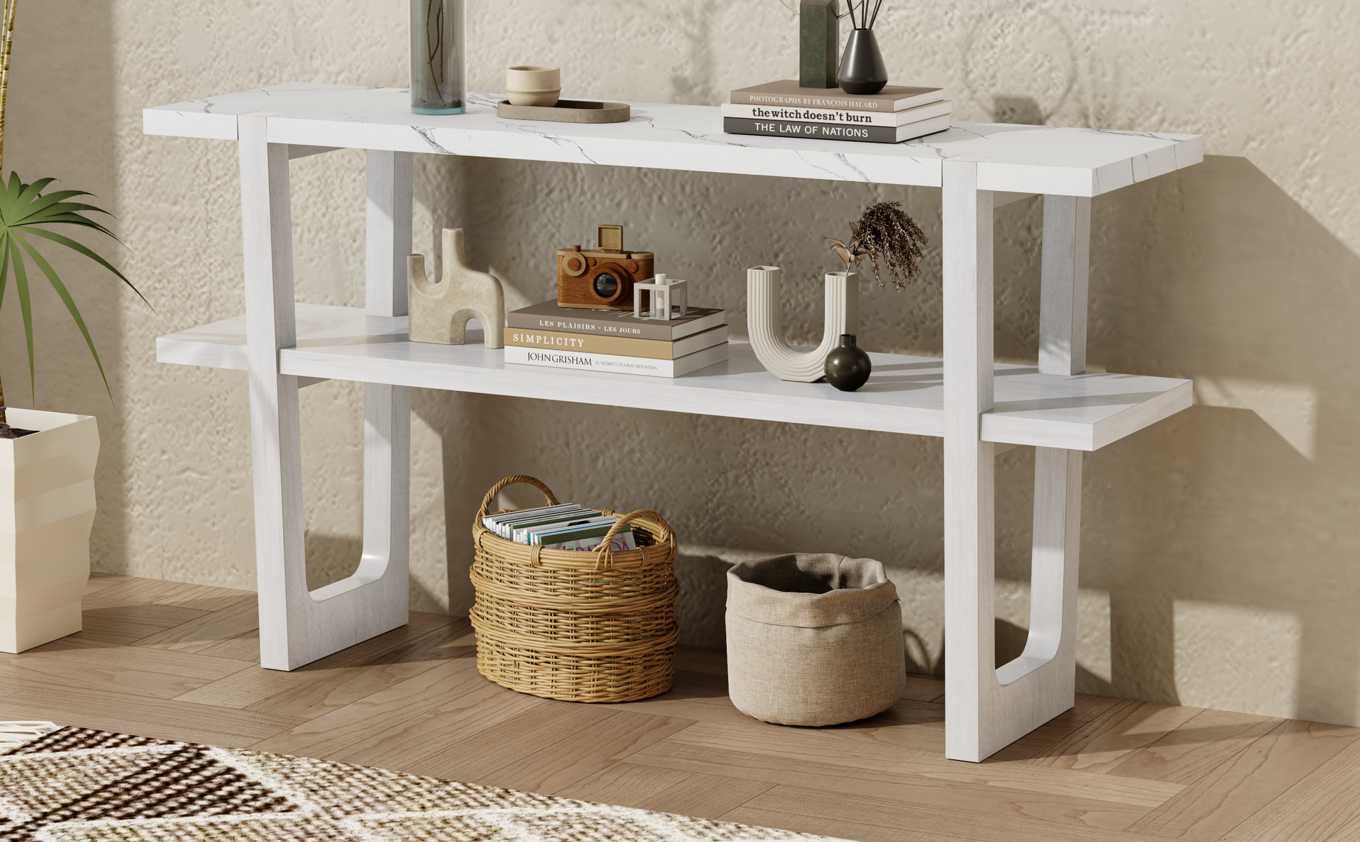 Retro Elegant Console Table With Marble Effect Top And Versatile Storage Solutions For Entryway And Living Room Antique White Antique White Solid Wood Mdf