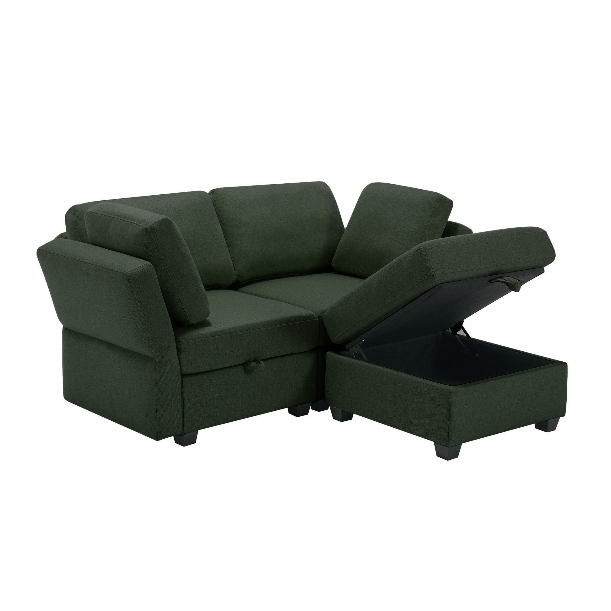 Space Saving Small Sectional Sofa With Ottoman, 2 Seater Sofa With 1 Ottoman, All Seats And Ottomans With Storage Function Green Green Polyester 2 Seat